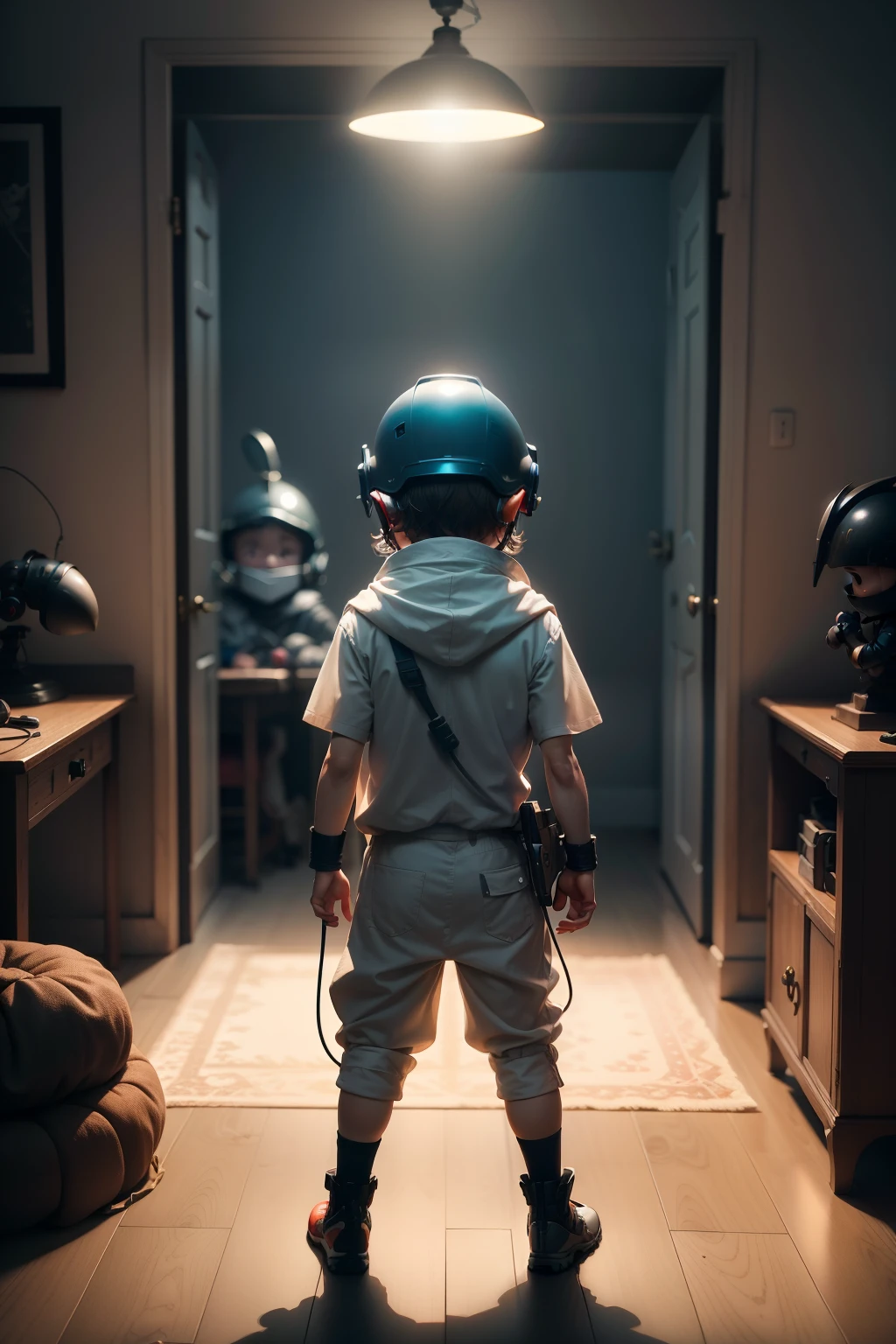 dynamic scene. A  funny boy in a virtual gaming helmet with joysticks in his hands, stands wide in the room. A fantastic fairy-tale world of the game is spinning around him. Lots of details. Light haze.