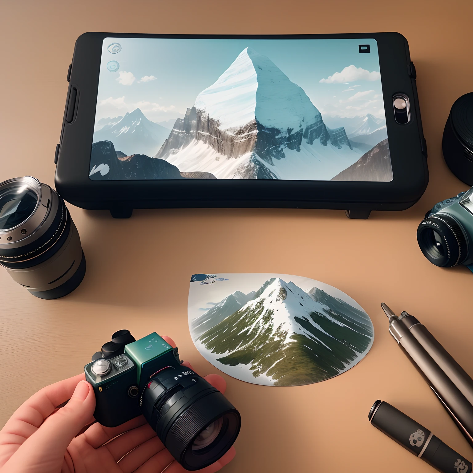 Design a logo for North: A miniature mountain peak for hiking and nature adventures.
East: A tiny camera to symbolize photography and capturing moments.
South: A small suitcase or backpack to represent travel and exploration.
West: A magnifying glass to signify discovering hidden gems and details