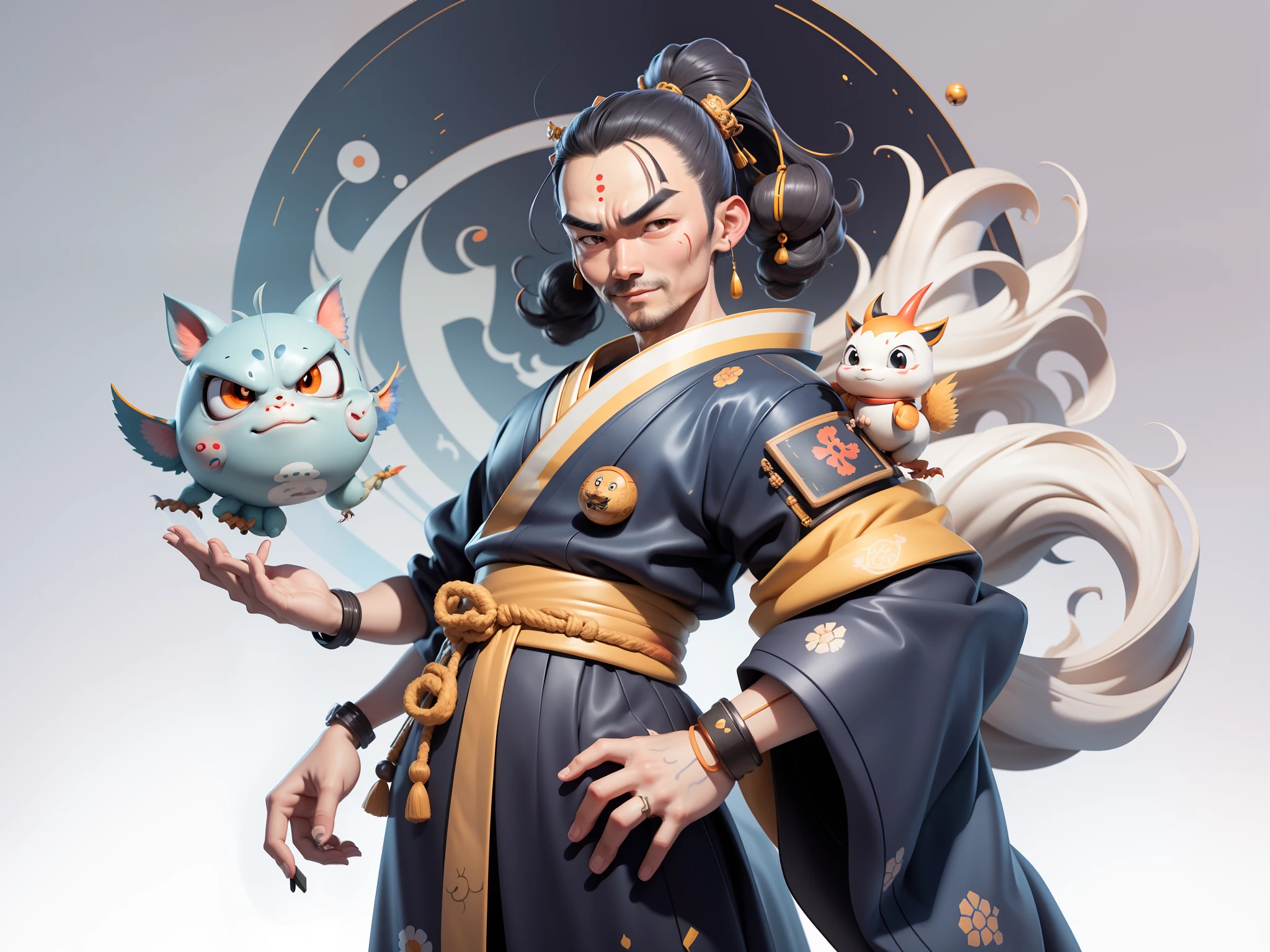 (Daisaku),(Need),(Super meticulous),(full bodyesbian:1.2),Japanese ukiyo-e girl，japanese geisha，Beautiful，Oriental dragon，Aeolian Thor，Raised sexy，爆乳，Oriental face，TV Anchor，Bust portrait illustration，Alone，In black suit，a blue tie，The face is slightly chubby，The face was clean，without a beard，Black super short hair，Black eyes，Smile confidently，3C computer sub-products，iPad， iphone，Digital painting，3D character design by Mark Clairen and Pixar and Hayao Miyazaki and Akira Toriyama，The illustration is a high-definition illustration in 4K resolution，With very detailed facial features and cartoon-style visuals。