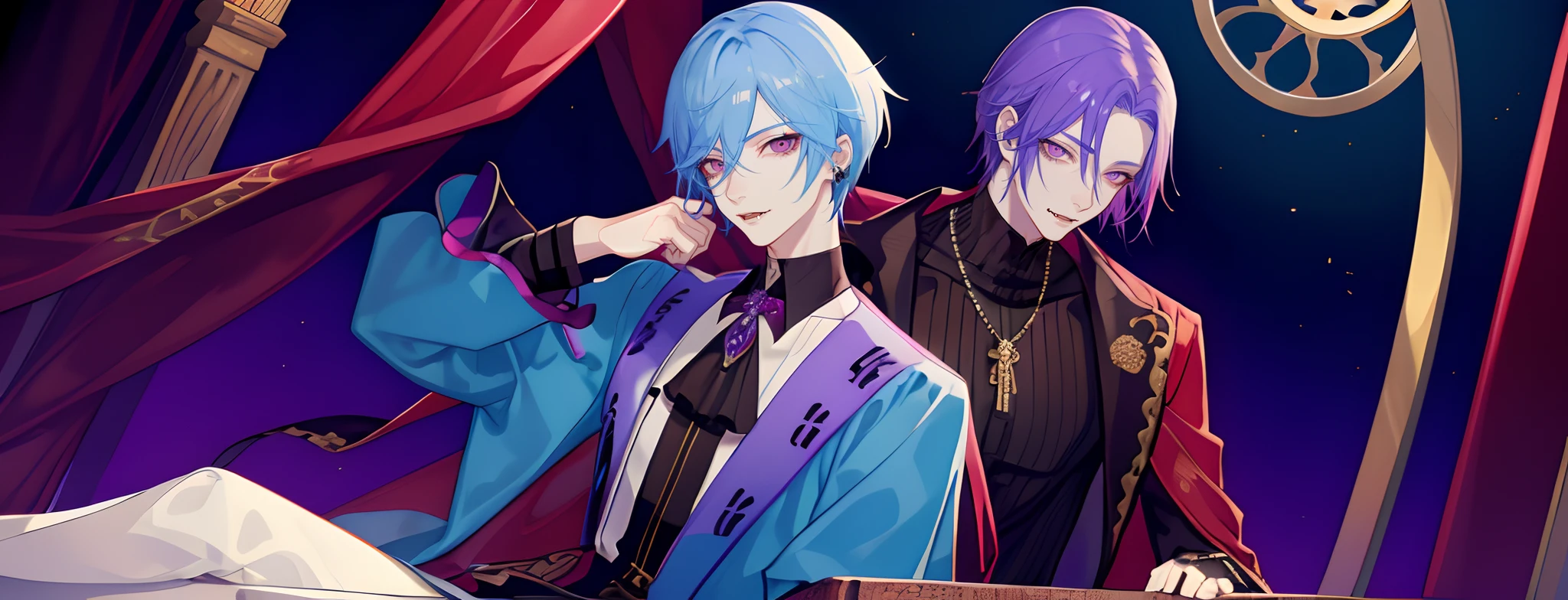masterpiece, top-quality, 2Others, Male couple, 1 man and 1,, Adults, Height difference, different fashion, different color, finely eye and detailed face, intricate detailes, Casual clothing, Oversized shirt, Modern urban streets, Hands on back, A smile, Happiness, tenderness, queers, high-level image quality、 Two beautiful men、tall、on the beds、Trying to kiss、The upper part of the body、window、nightfall、nighttime scene、𝓡𝓸𝓶𝓪𝓷𝓽𝓲𝓬、Korean Male, Idol Photos, k pop, Professional Photos, Vampires, Korean fashion in black and white, Fedoman with necklace, inspired by Sim Sa-jeong, androgynous vampire, :9 detailed face: 8, extra detailed face, detailed punk hair, ((eyes are brown)) baggy eyes, Seductive. Highly detailed, semi realistic anime, Vampires, hyperrealistic teen, delicate androgynous prince, imvu, short hair above the ears, Man with short hair, Purple-haired man with a glaring expression and a man with light blue hair with a gentle expression, With a short-haired man with bright purple hair, Man with light blue hair