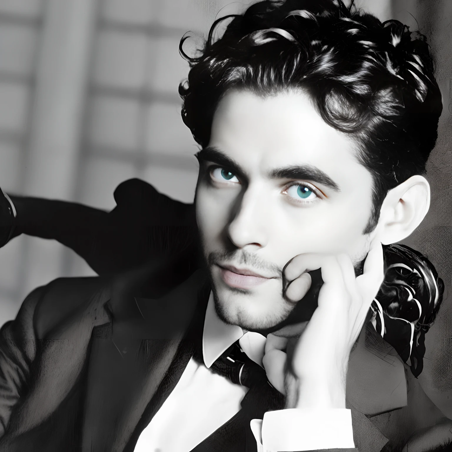 Arafed Foto en blanco y negro de un hombre con traje y corbata, inspirado por Eliseu Visconti, Egon Schiele!, Kafka, Egon Schiele y Max Ernst, por Elisha Visconti, edvard escher guay, inspirado por Austin Osman Spare, inspirado por Nikolai Ge, Lorenzo Vitturi placeholder image, Rudolf Béres