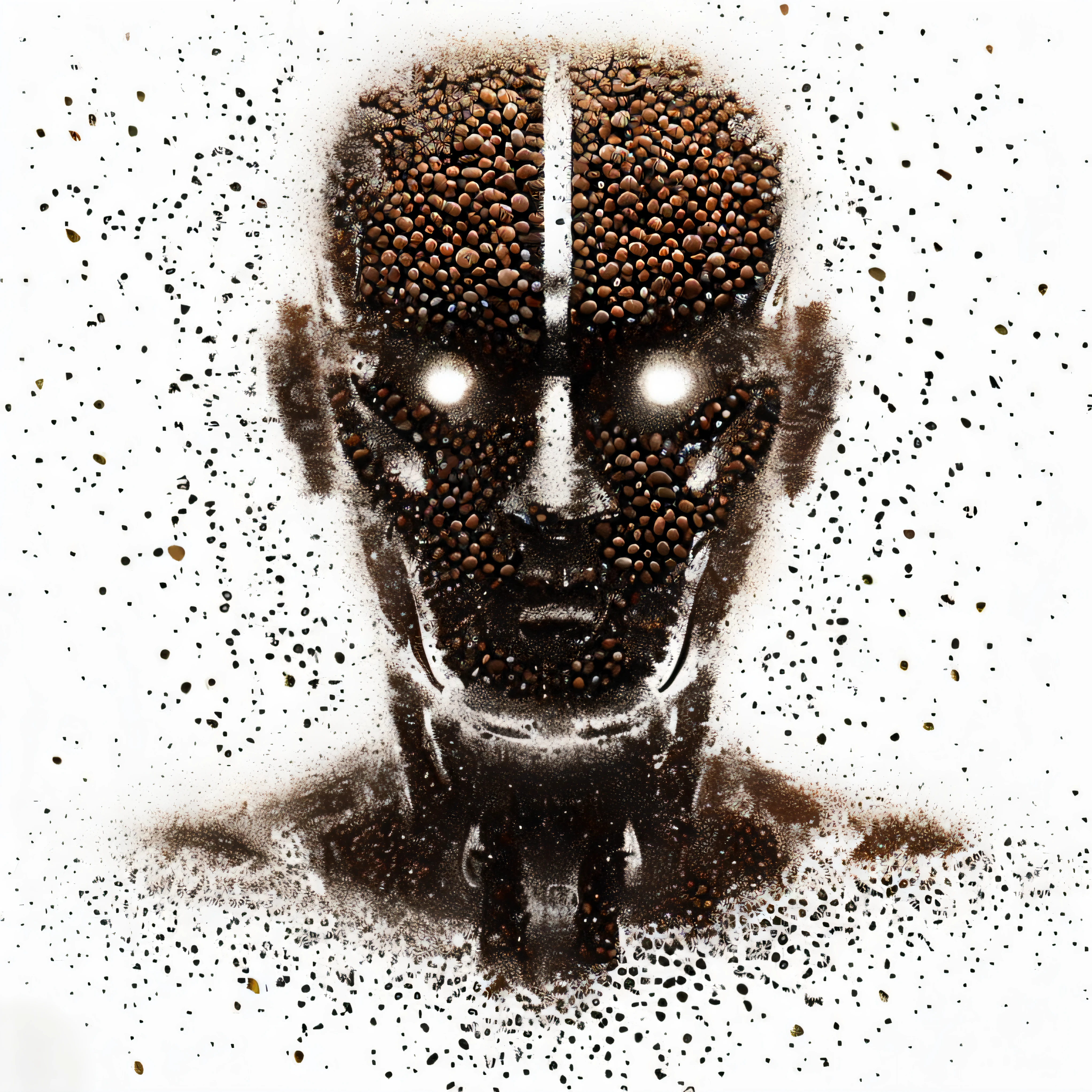 A closeup of a robot made of coffee beans, Retrato de um androide, Um retrato de um androide, robot with human face, Retrato do humanoide masculino, Face detalhada de um androide, Retrato de Ciborgue, Retrato em close-up de Ciborgue, machine parts embedded into face, Retrato detalhado de um ciborgue, simetria!! Retrato de Ciborgue, Retrato de um ciborgue