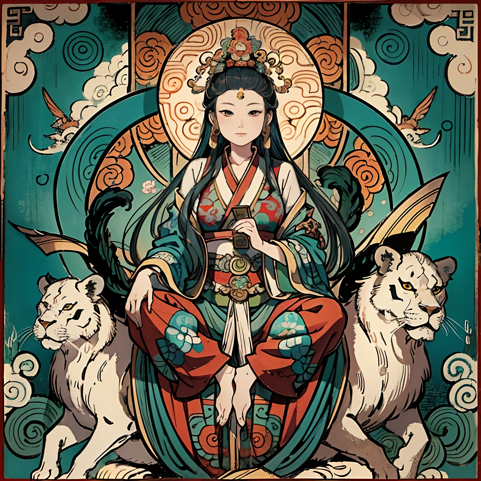 an ancient Chinese goddess, guanyin of the southern seas, Guanyin, Inspired by India, Avalokiteshvara rides a lion,,Serene expression,shui mo hua,Buddha,Buddhist,Lotus,Chinese painting style,Thangka style