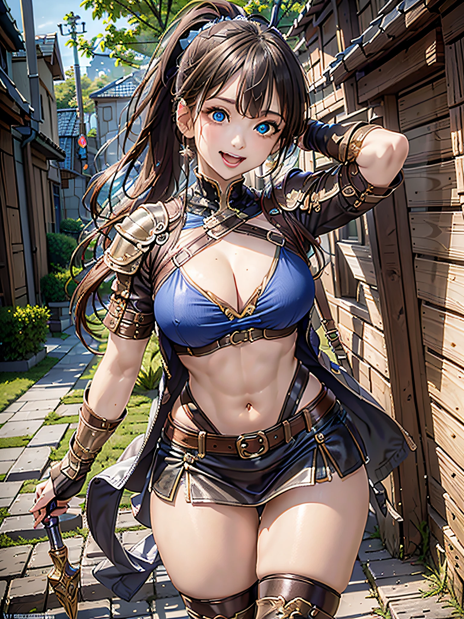 ((fantasy-inspired:1.4)), Anime style, (top-quality:1.32), (The ultra -The high-definition:1.4), (hight resolution: 1.3), (CG Unity 8k wallpapers:1.2), (Detailed eyes and skin:1.35), (detailed facial features:1.25), (Detailed pupils:1.36), precise and perfect human body structure, (Textured skin: 1.26), high-level image quality, Large file size, fulcolor,
(Photorealistic, Many award-winning photos: 1.27), depth of fields, Shading by sunlight、
((Ponytail: 1.47)), Brown hair, (Blue eyes: 1.28), thick bangs, Large blue ribbon, Opens mouth and laughs, cleavage, large full breasts, Attractive thighs, abdominals, Glowing skin,
((adventurer:1.4)), Stand with your feet shoulder-width apart、Half jacket、Tank Tops、tight miniskirt、long boots、caves、Treasure hunt、Treasure Hunter