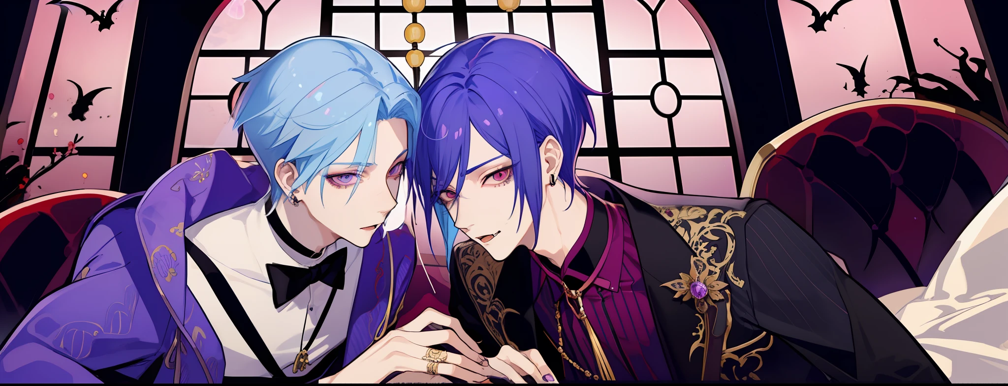 masterpiece, top-quality, 2Others, Male couple, 1 man and 1,, Adults, Height difference, different fashion, different color, finely eye and detailed face, intricate detailes, Casual clothing, Oversized shirt, Modern urban streets, Hands on back, A smile, Happiness, tenderness, queers, high-level image quality、 Two beautiful men、tall、Push the bed down、Trying to kiss、window、nightfall、nighttime scene、𝓡𝓸𝓶𝓪𝓷𝓽𝓲𝓬、Korean Male, Idol Photos, k pop, Professional Photos, Vampires, Korean fashion in black and white, Fedoman with necklace, inspired by Sim Sa-jeong, androgynous vampire, :9 detailed face: 8, extra detailed face, detailed punk hair, ((eyes are brown)) baggy eyes, Seductive. Highly detailed, semi realistic anime, Vampires, hyperrealistic teen, delicate androgynous prince, imvu, short hair above the ears, Man with short hair, Purple-haired man with a glaring expression and a man with light blue hair with a gentle expression, With a short-haired man with bright purple hair, Man with light blue hair