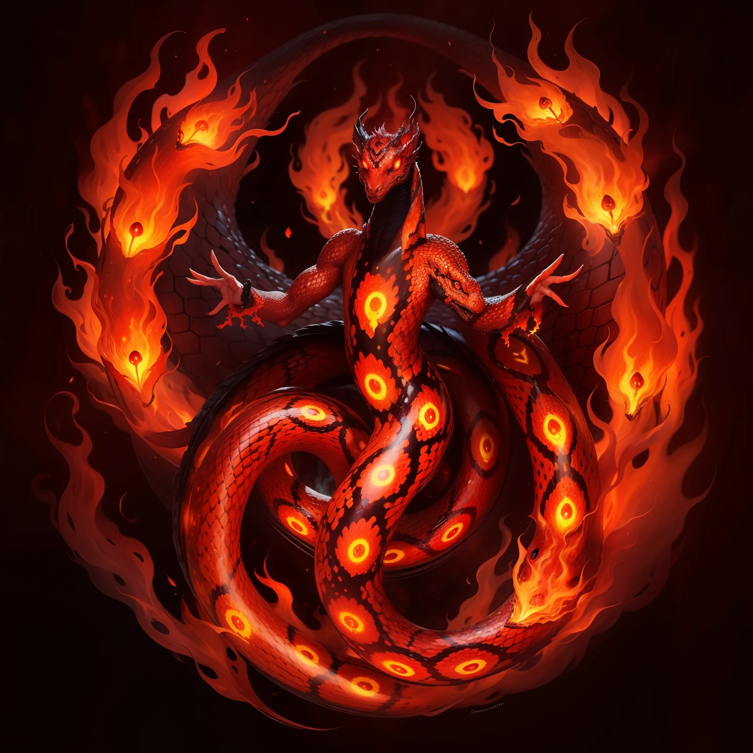 Fire snake with many eyes from which flames also come out in the Dença forest, brazi, Horror cosmic, Lovercraft