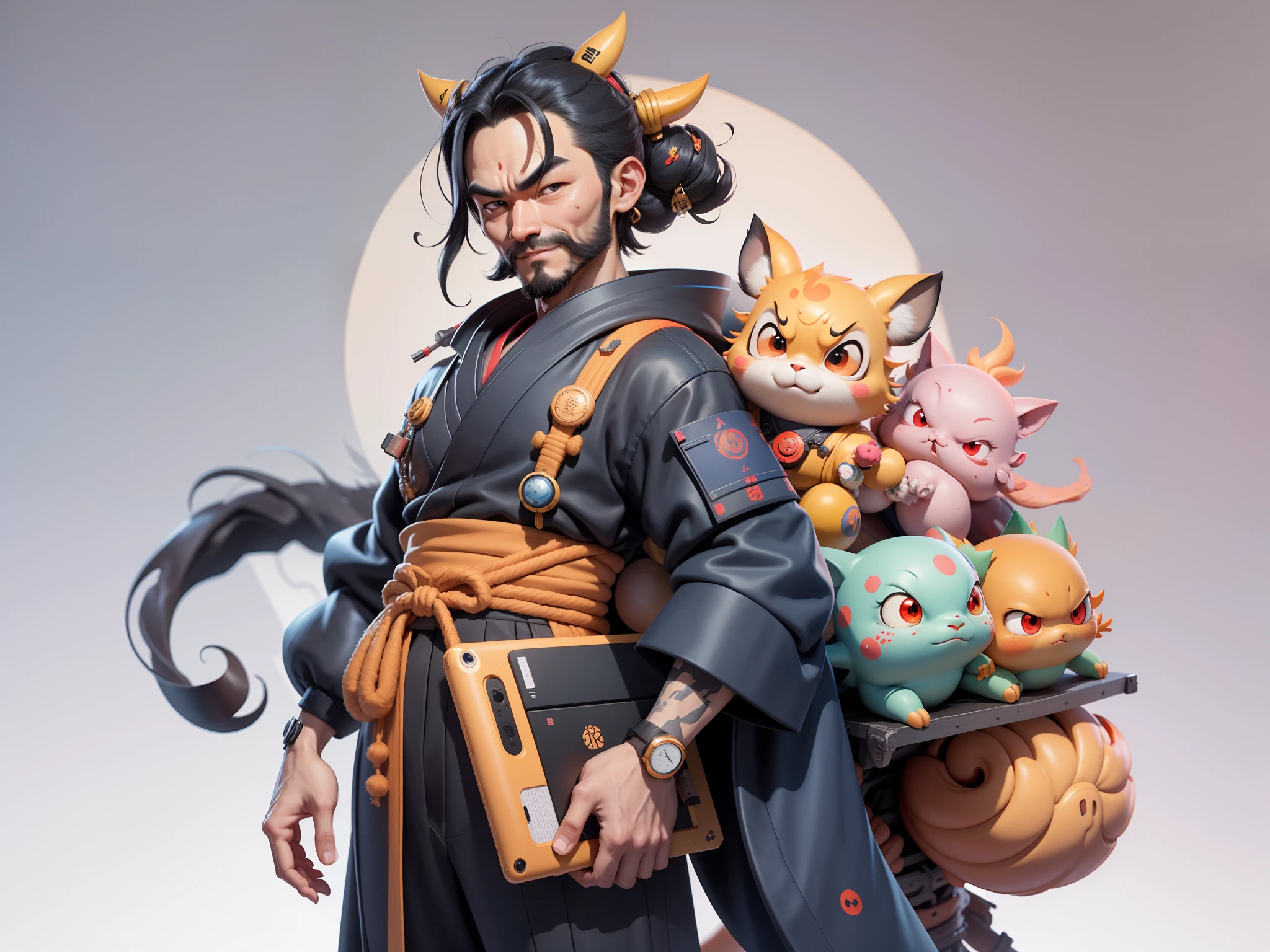 (Daisaku),(Need),(Super meticulous),(full bodyesbian:1.2),Japanese ukiyo-e girl,japanese geisha,Beautiful,Oriental dragon,one tiger,Aeolian Thor,Raised sexy,爆乳,Oriental face,TV Anchor,Bust portrait illustration,Alone,In black suit,a blue tie,The face is slightly chubby,The face was clean,without a beard,Black super short hair,Black eyes,Smile confidently,3C computer sub-products,iPad, iphone,Digital painting,3D character design by Mark Clairen and Pixar and Hayao Miyazaki and Akira Toriyama,The illustration is a high-definition illustration in 4K resolution,With very detailed facial features and cartoon-style visuals。