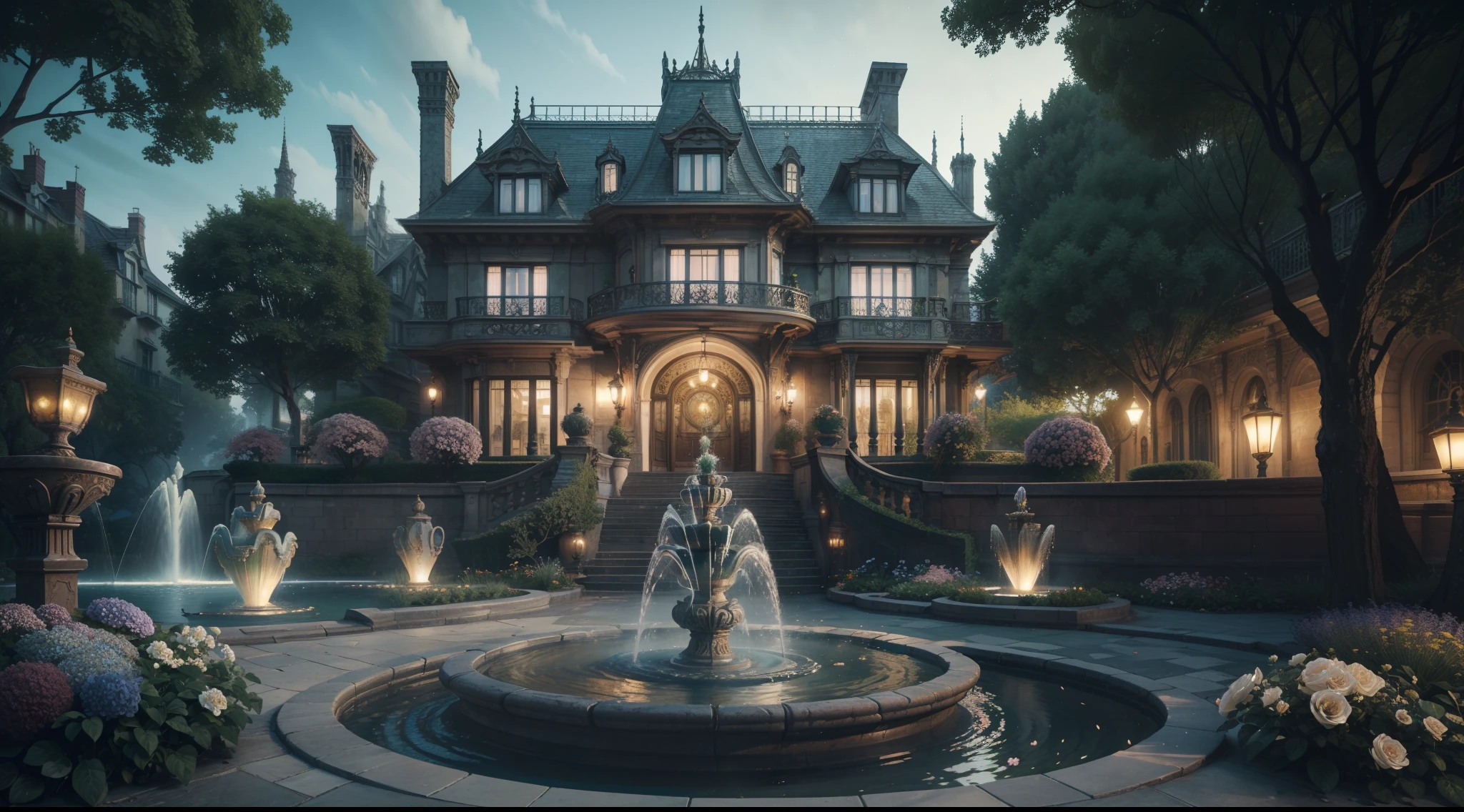 "picturesque art nouveau city mansion, breathtaking town architecture, (front yard: fountain, flowers and bushes) enchanting magical fantasy ambiance, (masterpiece), (best quality), (ultra-detailed) beautiful surroundings, flowers and trees, insanely detailed and intricate, hypermaximalist, elegant, ornate, hyper realistic, Cinematic Lighting, scenery, octane render"