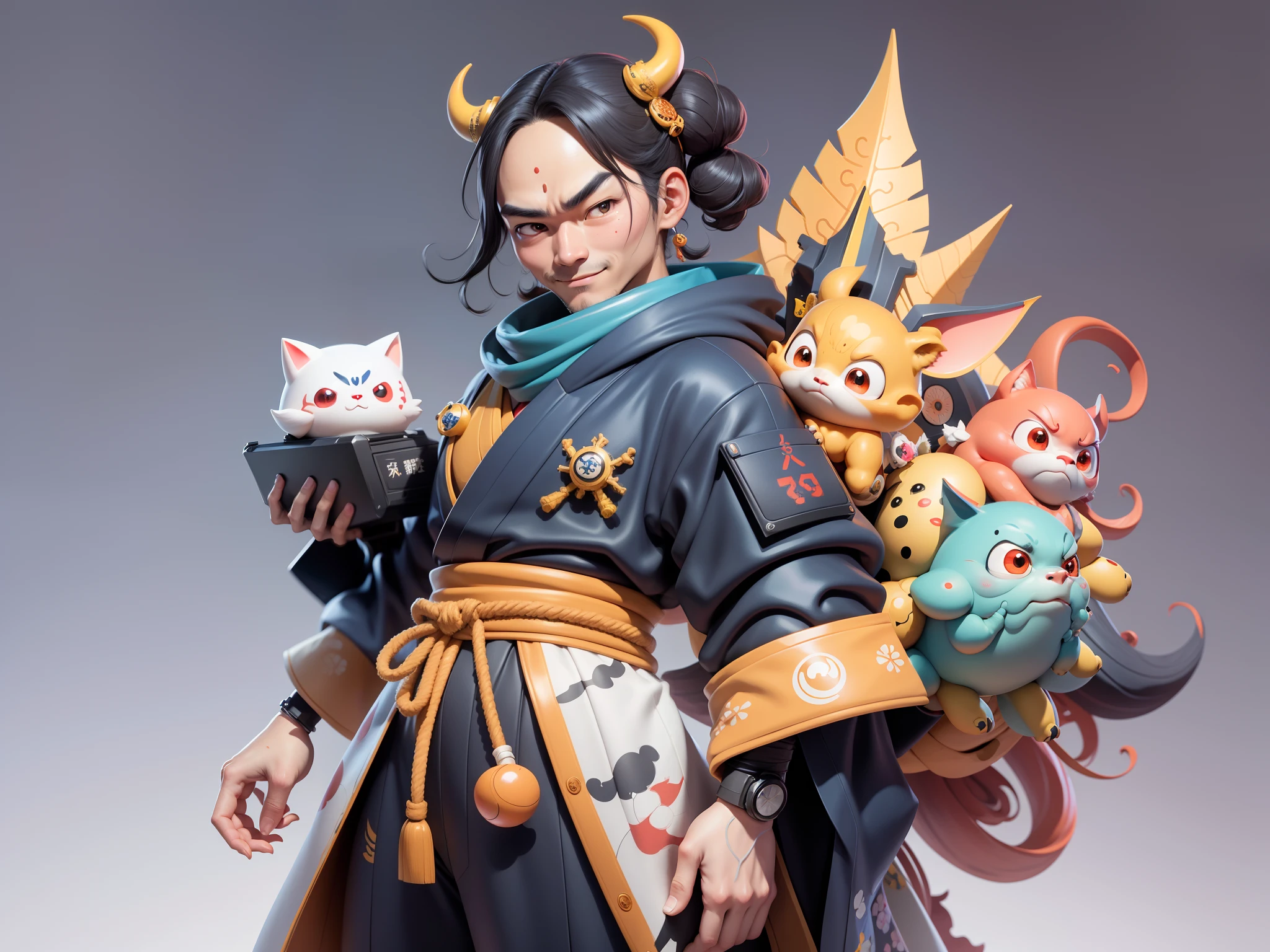 (Daisaku),(Need),(Super meticulous),(full bodyesbian:1.2),Japanese ukiyo-e girl，japanese geisha，Beautiful，Oriental dragon，Aeolian Thor，Raised sexy，爆乳，Oriental face，TV Anchor，Bust portrait illustration，Alone，In black suit，a blue tie，The face is slightly chubby，The face was clean，without a beard，Black super short hair，Black eyes，Smile confidently，3C computer sub-products，iPad， iphone，Digital painting，3D character design by Mark Clairen and Pixar and Hayao Miyazaki and Akira Toriyama，The illustration is a high-definition illustration in 4K resolution，With very detailed facial features and cartoon-style visuals。