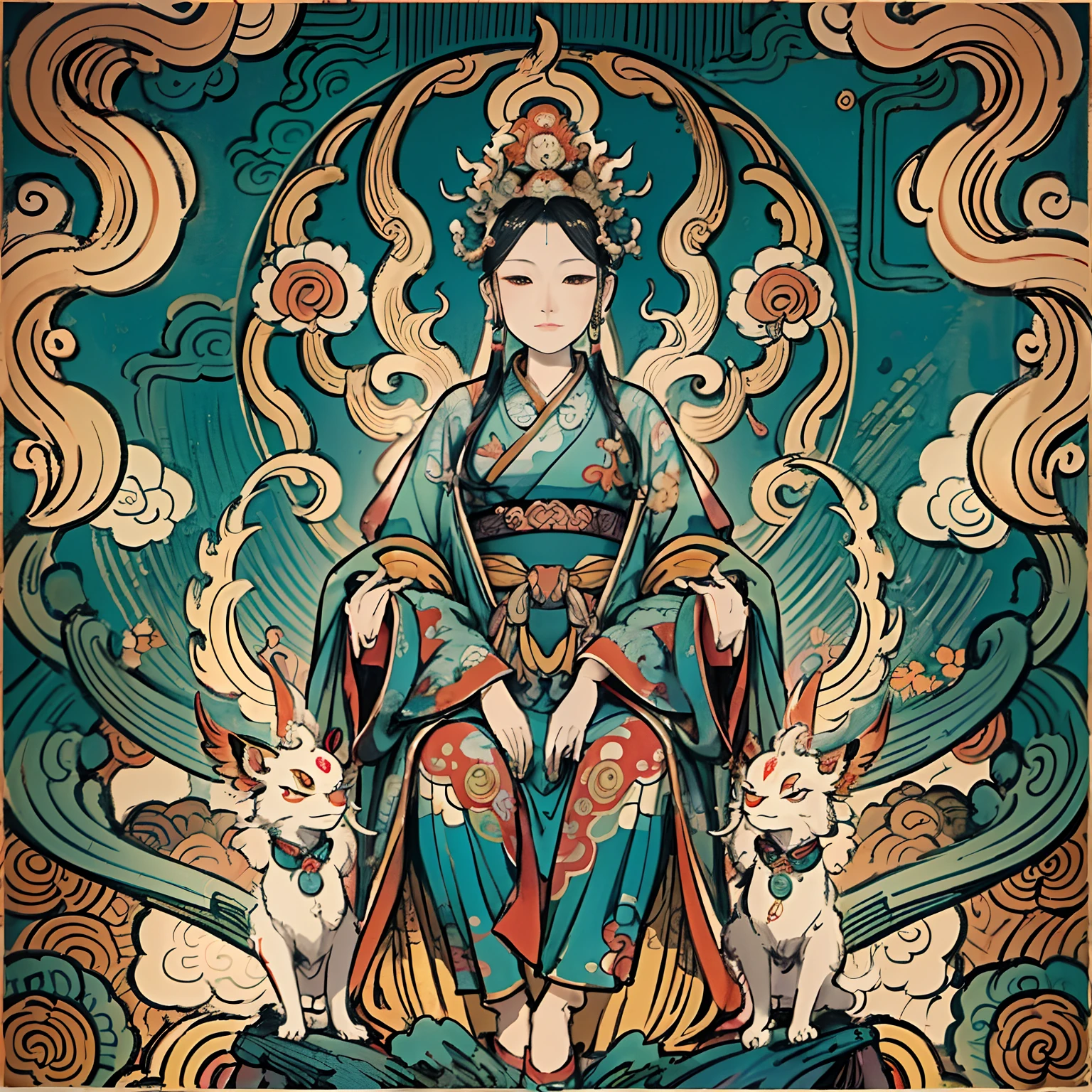 an ancient Chinese goddess, guanyin of the southern seas, Guanyin, Inspired by India, Avalokiteshvara rides a phoenix，,Serene expression,shui mo hua,Buddha,Buddhist,Lotus,Chinese painting style,Thangka style
