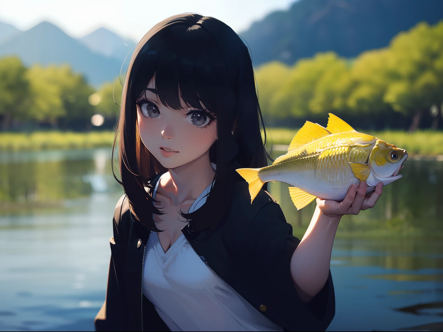 nelli_artstyle, 1girl, fish, solo, shirt, brown eyes, white shirt, short sleeves, short hair, black hair, bangs, upper body, looking at viewer, blush