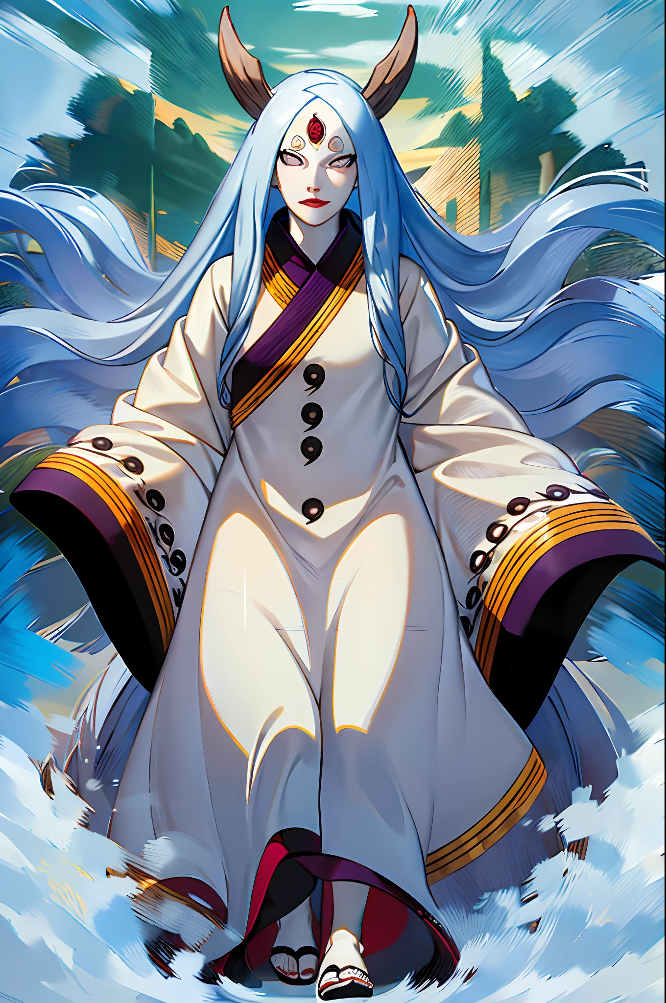 masterpiece,best quality,highly detailed,ultra-detailed,an extremely delicate and beautiful,masterpiece,1girl, solo,kaguya,mature female, long hair, absurdly long hair, third eye,horns, pale skin,white short eyebrows, otsutsuki kimono, floating hair, looking at viewer,t, walking, flipflops, full body