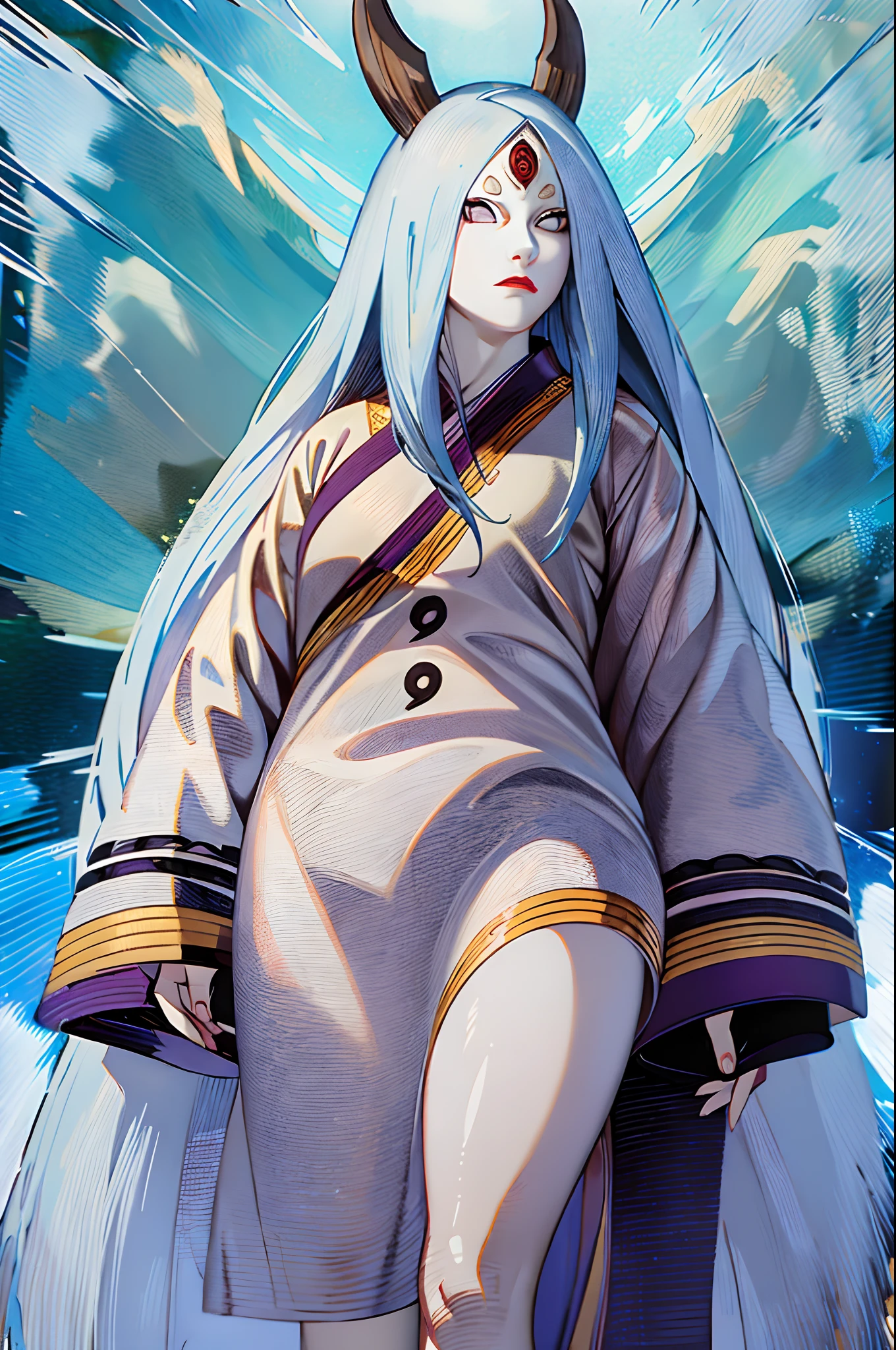 masterpiece,best quality,highly detailed,ultra-detailed,an extremely delicate and beautiful,masterpiece,1girl, solo,kaguya,mature female, long hair, absurdly long hair, third eye,horns, pale skin,white short eyebrows, otsutsuki kimono, floating hair, looking at viewer,t, walking, flipflops, full body