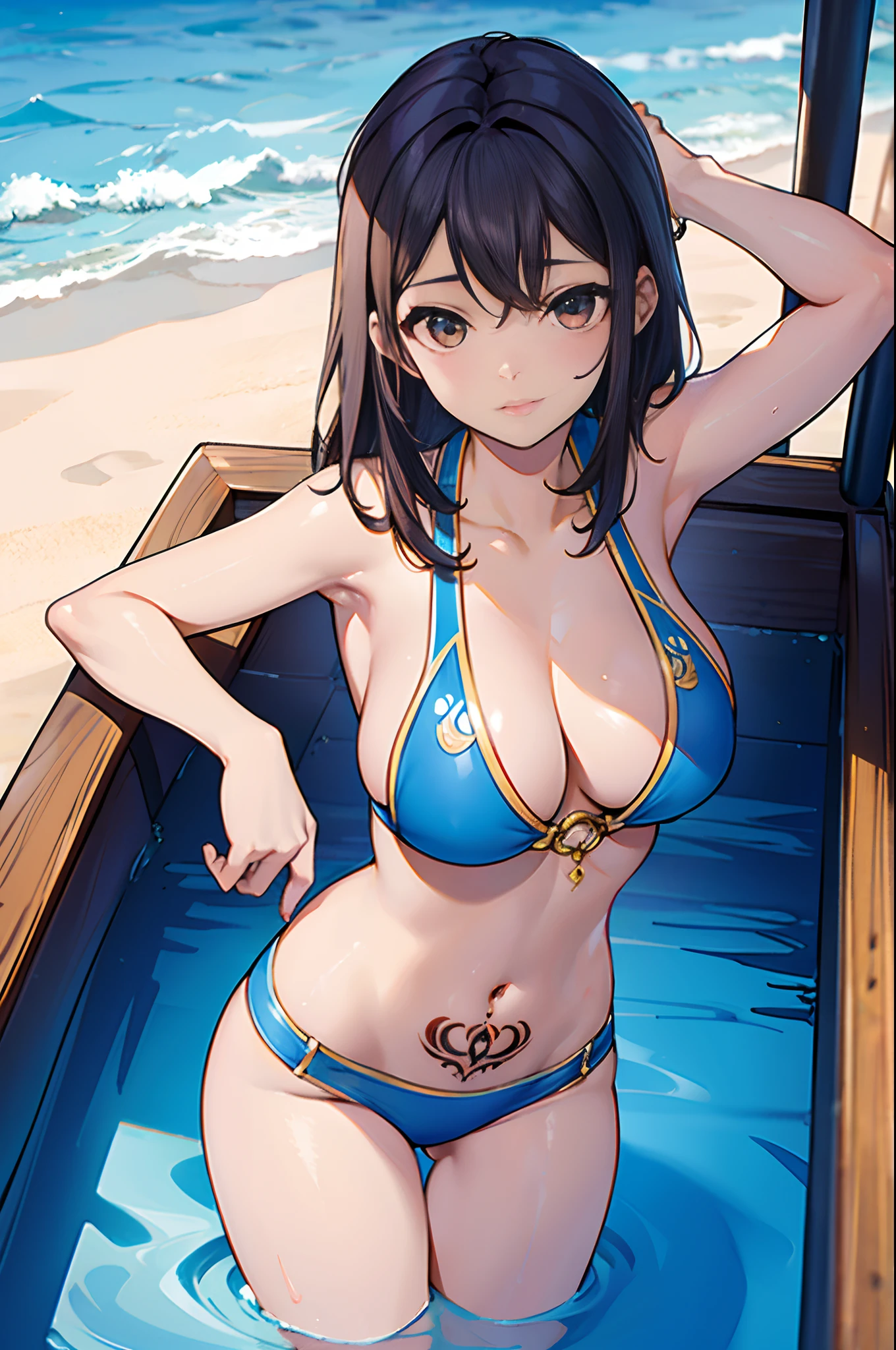 Un barco de lujo y una hermosa mujer bronceada, Cuerpo definido y tatuado tomando el sol en la proa del barco. (La mejor calidad) obra maestra