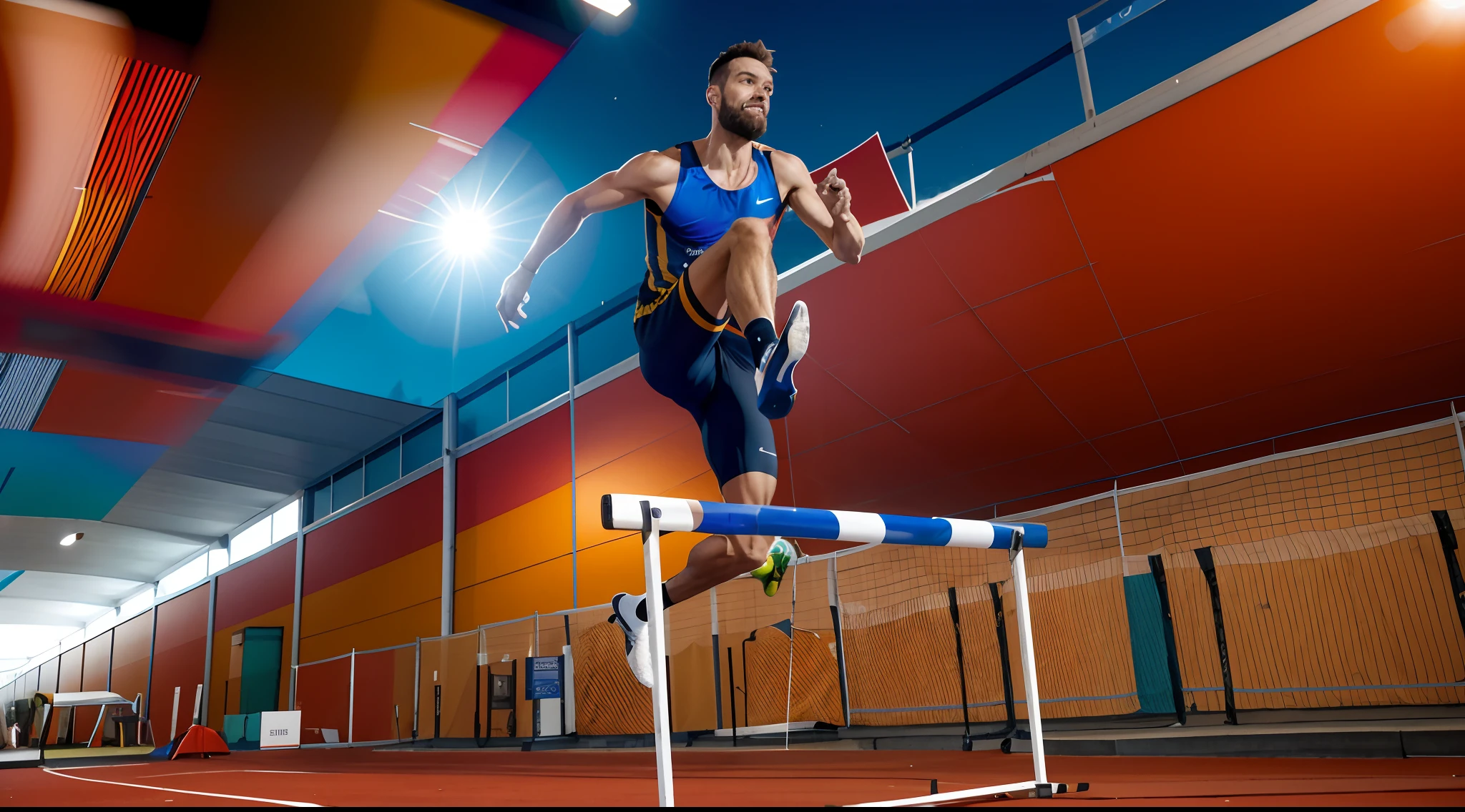 There's a man who's jumping an obstacle, vestindo terno de atletismo, fotografia de atleta, Directed by: Jakob Gauermann, Ultra - Salto em Altura, Shutterstock, advanced technique, correndo, Directed by: Juliano Alves, alta intensidade, Alamy Photo Stock, Directed by: Dietmar Damerau, Getty Imagens, O melhor no Adobe Stock, em um fundo escuro.