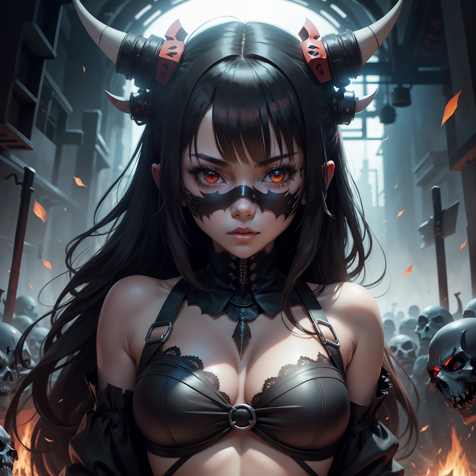 Anime girl with oni mask in the underworld with skeletons around her