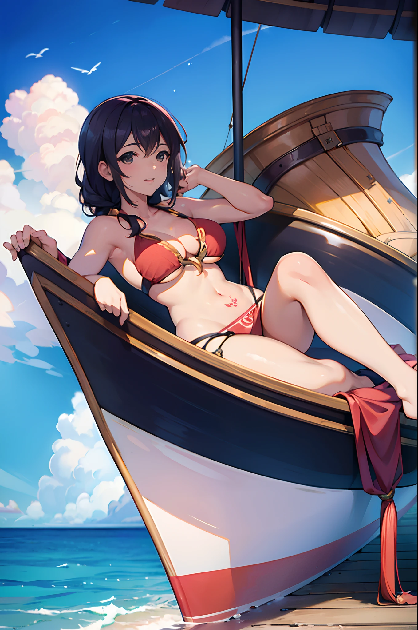 Un barco de lujo y una hermosa mujer bronceada, Cuerpo definido y tatuado tomando el sol en la proa del barco. (La mejor calidad) obra maestra