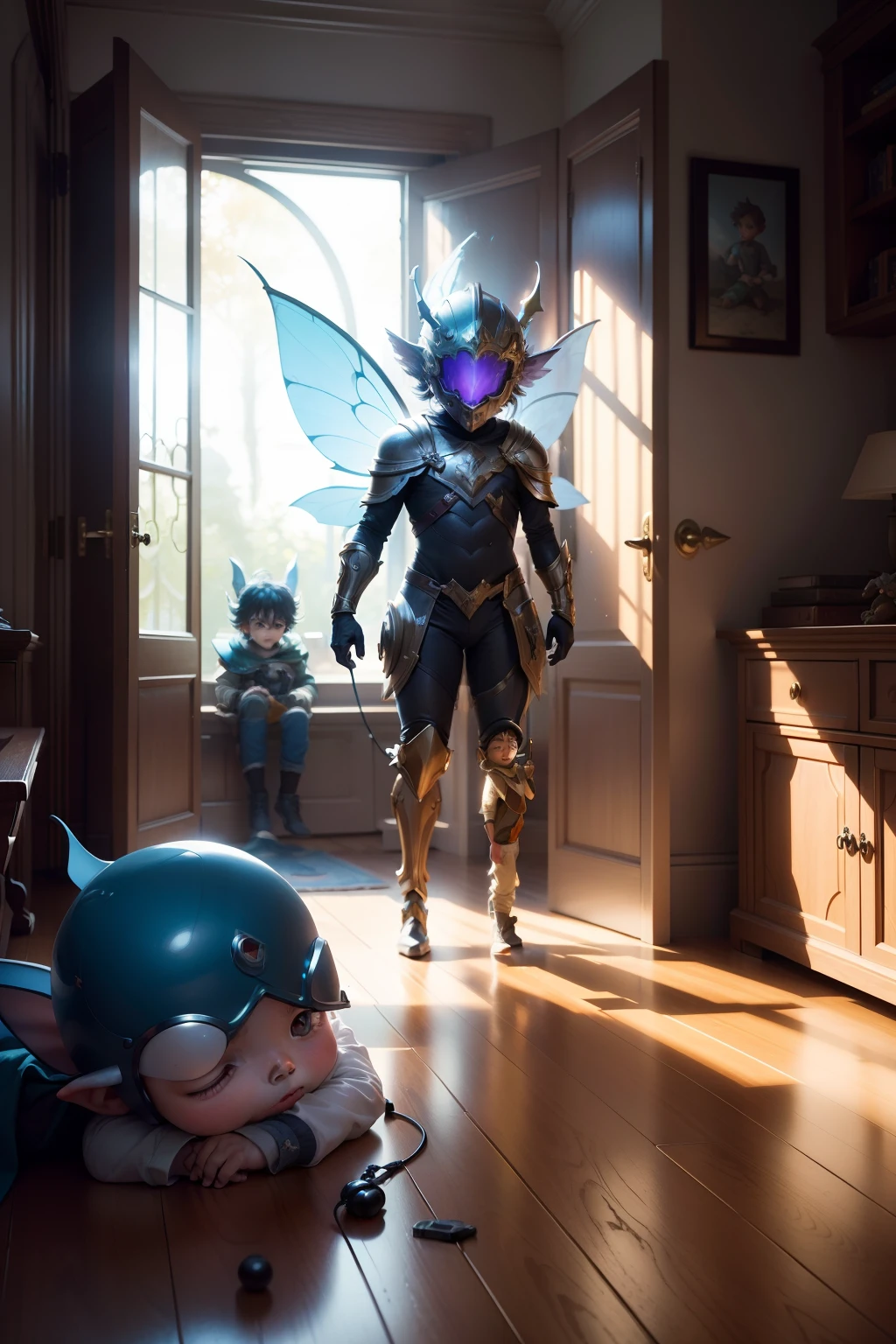 Dynamic Scene. Funny  in a virtual game helmet with joysticks in his hands, The room is widely spaced. A fantastic fairy-tale creature and characters of the game revolve around the boy in a whirlwind. many details. Light haze.