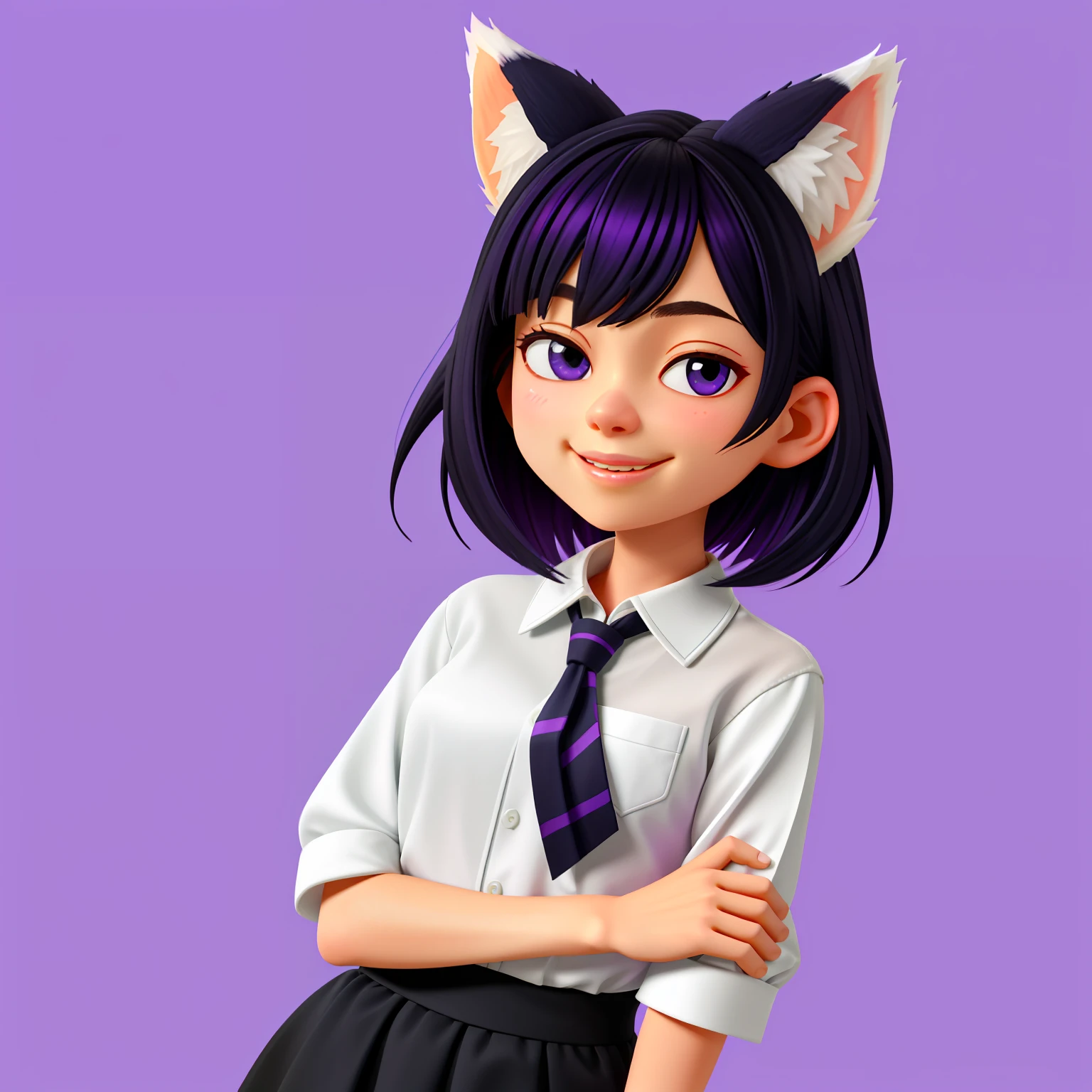 Lilac background,Black hair with a hint of blue,White-colored skin,Off-white shirt,Upper body smile,squinty eyes,Delicate lips,sexy for,Short coral hair fluffy,fox ear