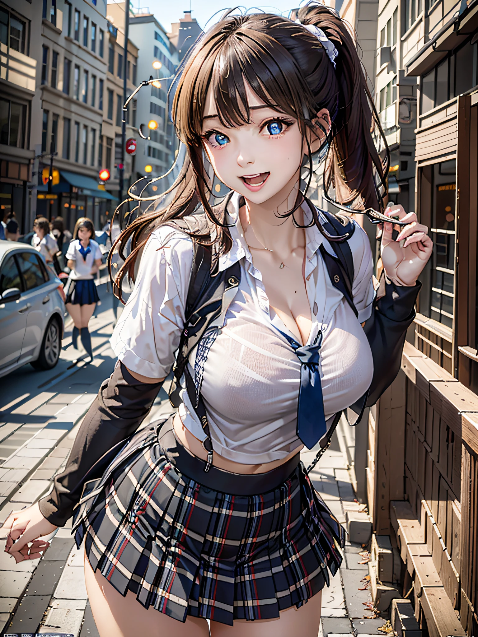 ((modern-inspired:1.4)), Anime style, (top-quality:1.32), (The ultra -The high-definition:1.4), (hight resolution: 1.3), (CG Unity 8k wallpapers:1.2), (Detailed eyes and skin:1.35), (detailed facial features:1.25), (Detailed pupils:1.36), precise and perfect human body structure, (Textured skin: 1.26), high-level image quality, Large file size, fulcolor, 
(Photorealistic, Many award-winning photos: 1.27), depth of fields, Shading by sunlight、
((Ponytail: 1.47)), Brown hair, thick bangs, Large blue ribbon, Opens mouth and laughs, cleavage,  large full breasts, Attractive thighs, abdominals, Glowing skin, 
((high-school uniform: 1.4)), blazers、Shirt、red necktie、pleatedskirt、high socks、tokyo prefecture、Scramble crossing、A city scape、