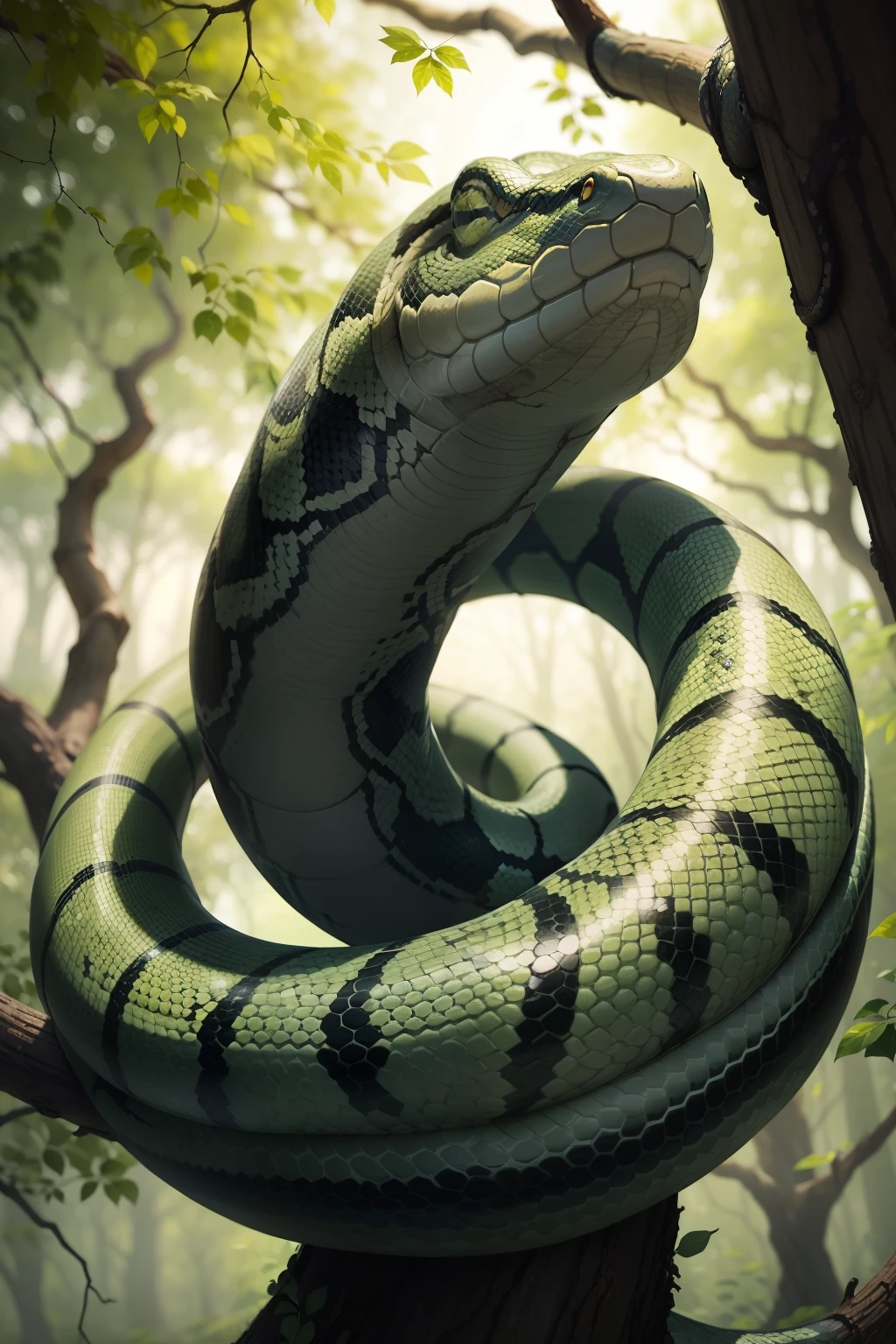 a snake coiled around a tree looking