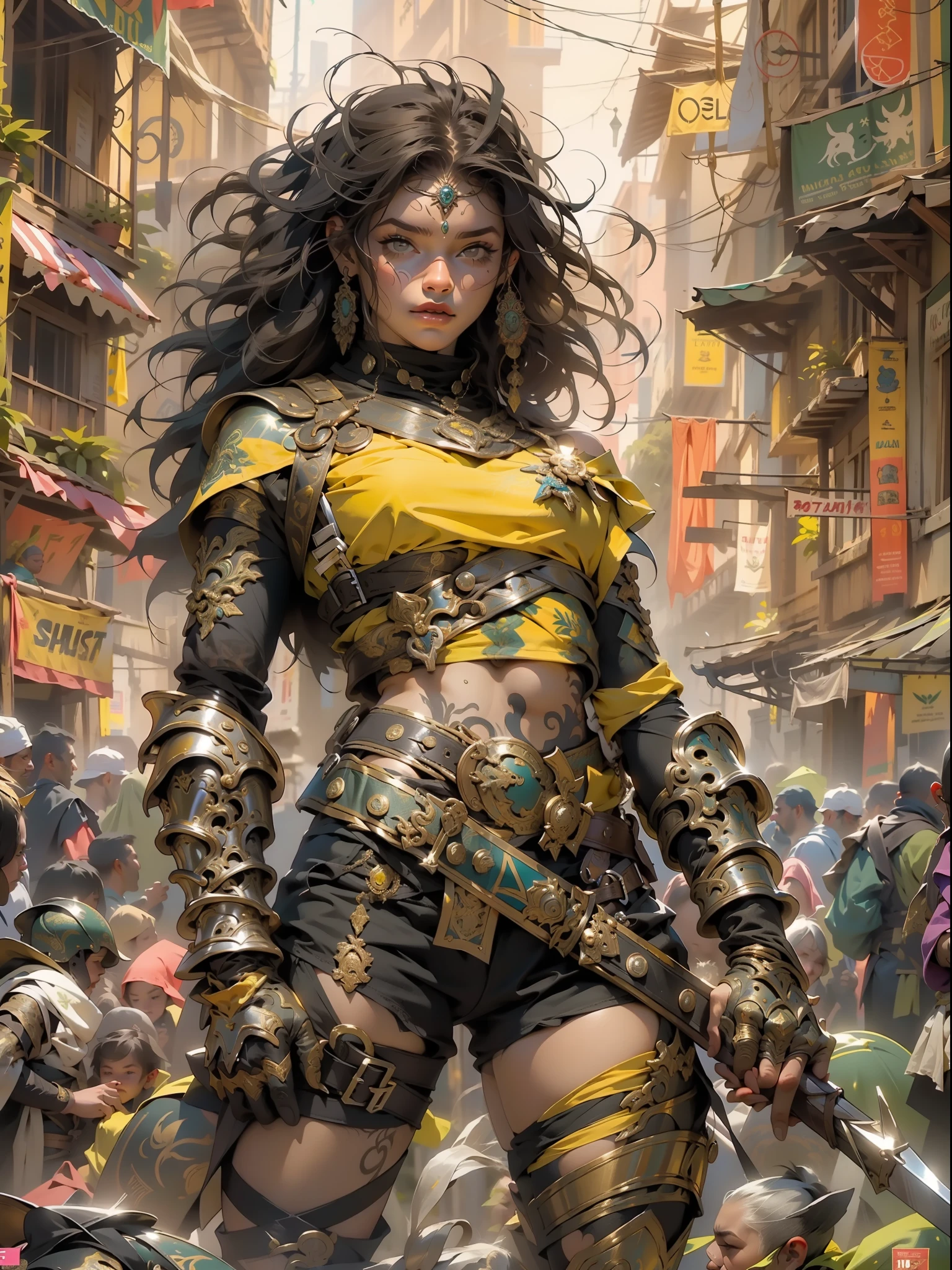 (((mulher))), (((melhor qualidade))), (((obra prima))), (((adulto))), Uma guerreira mulher de 35 anos com corpo perfeito, Gladiadores do Brooklyn, (( sob os peitos )), Bandeira do Brasil sob os seios, quase nua no estilo selvagem urbano de Simon Bisley para a capa da revista Heavy Metal, Minimum clothing diamond stones made, armadura cheio de pontas e rebites, tatuagem tribal, (((do joelho pra cima))), cabelo desalinhado, carnival costume