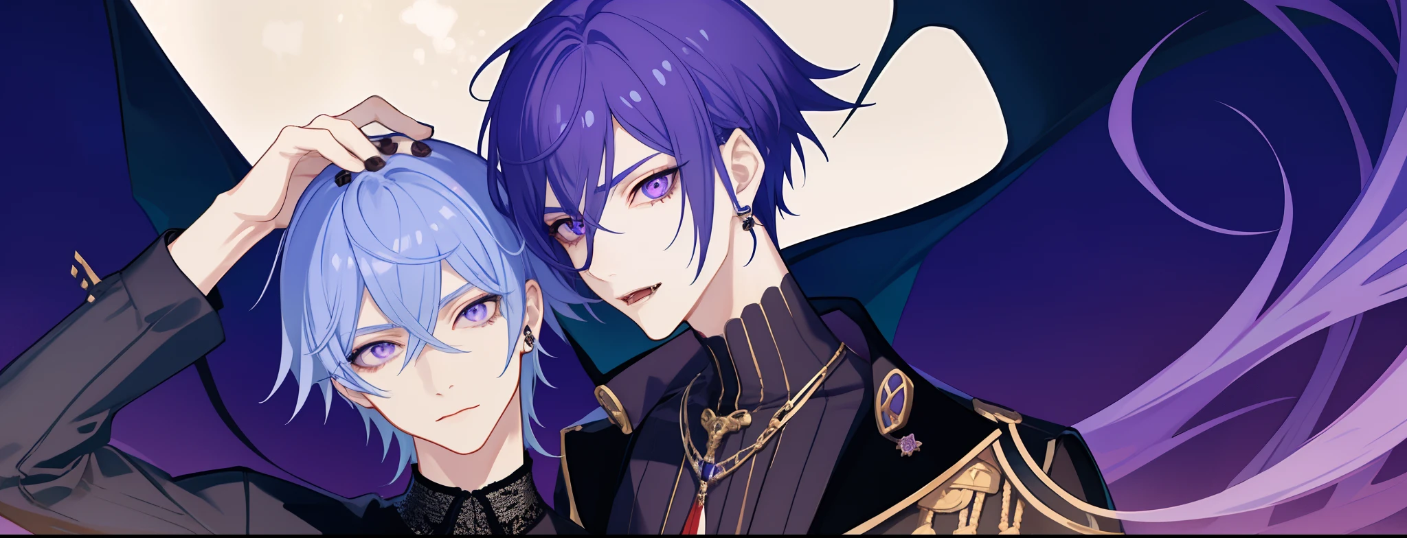 ​masterpiece, top-quality, 2Others, Male couple, 1 man and 1,, Adults, Height difference, different fashion, different color, finely eye and detailed face, intricate detailes, Casual clothing, Oversized shirt, Modern urban streets, Hands on back, A smile, Happiness, tenderness, queers, high-level image quality、 Two beautiful men、tall、The upper part of the body、nightfall、nighttime scene、𝓡𝓸𝓶𝓪𝓷𝓽𝓲𝓬、Korean Male, Idol Photos, k pop, Professional Photos, Vampires, Korean fashion in black and white, Fedoman with necklace, inspired by Sim Sa-jeong, androgynous vampire, :9 detailed face: 8, extra detailed face, detailed punk hair, ((eyes are brown)) baggy eyes, Seductive. Highly detailed, semi realistic anime, Vampires, hyperrealistic teen, delicate androgynous prince, imvu, short hair above the ears, Man with short hair, Purple-haired man with a glaring expression and a man with light blue hair with a gentle expression, With a short-haired man with bright purple hair, Man with light blue hair