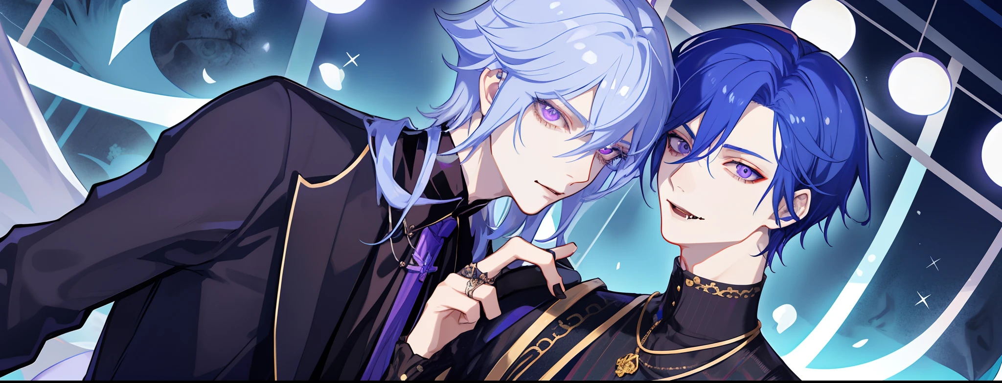 masterpiece, top-quality, 2Others, Male couple, 1 man and 1,, Adults, Height difference, different fashion, different color, finely eye and detailed face, intricate detailes, Casual clothing, Oversized shirt, Modern urban streets, Hands on back, A smile, Happiness, tenderness, queers, high-level image quality、 Two beautiful men、tall、The upper part of the body、nightfall、nighttime scene、𝓡𝓸𝓶𝓪𝓷𝓽𝓲𝓬、Korean Male, Idol Photos, k pop, Professional Photos, Vampires, Korean fashion in black and white, Fedoman with necklace, inspired by Sim Sa-jeong, androgynous vampire, :9 detailed face: 8, extra detailed face, detailed punk hair, ((eyes are brown)) baggy eyes, Seductive. Highly detailed, semi realistic anime, Vampires, hyperrealistic , delicate androgynous prince, imvu, short hair above the ears, Man with short hair, Purple-haired man with a glaring expression and a man with light blue hair with a gentle expression, With a short-haired man with bright purple hair, Man with light blue hair