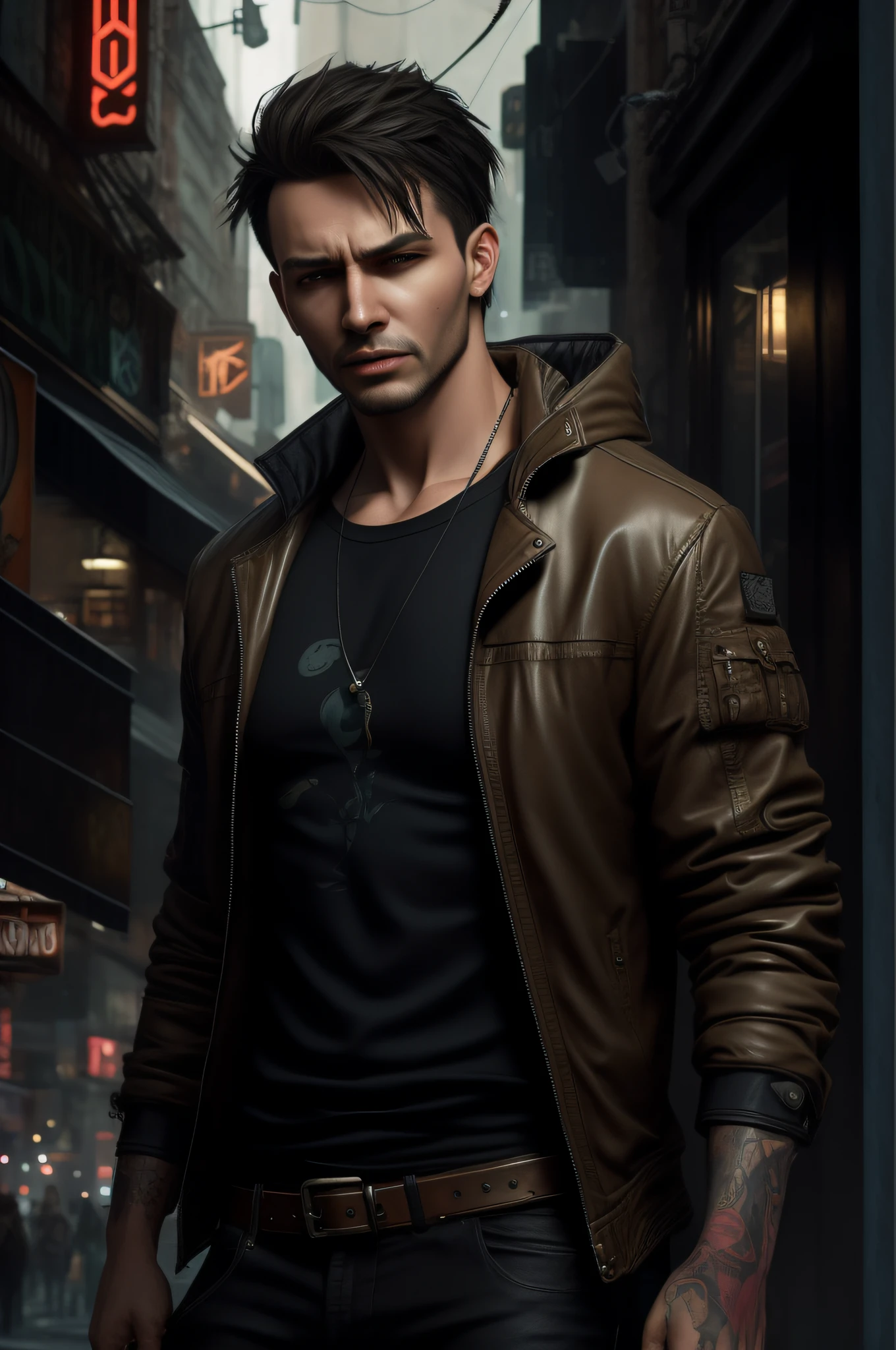 There's a man with a leather jacket standing in a town, arte de fantasia urbana estilizada, Wojtek FUS, Estilo Raymond Swanland, Retrato de um homem cyberpunk, Cyberpunk Rua Goon, Neoartcore e Charlie Bowater, Estilo Charlie Bowater, inspirado em Adrian Zingg, usando jaqueta de couro cyberpunk, personagem cyberpunk, cyberpunk hero, arte do personagem Cyberpunk