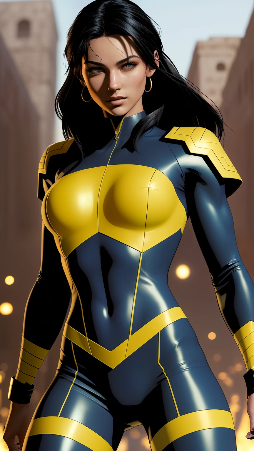 Yellow and blue hero in a bodysuit, Omniman vs invincible, ultra realistic 8k cg, picture-perfect face, flawless, clean, masterpiece, professional artwork, 1girl, famous artwork, cinematic lighting, cinematic bloom, perfect face, beautiful face, beautiful eyes, ((perfect female body, narrow waist)), female, hero pose, yellow costume, black stockings, 90s comics, short black hair, marvel and image comics, black and yellow costume, blue costume, looks like teenage beauty, black hair, immaculately refined anatomy and details, microscopic details and texture, cloth texture on suit, Italian or middle Eastern