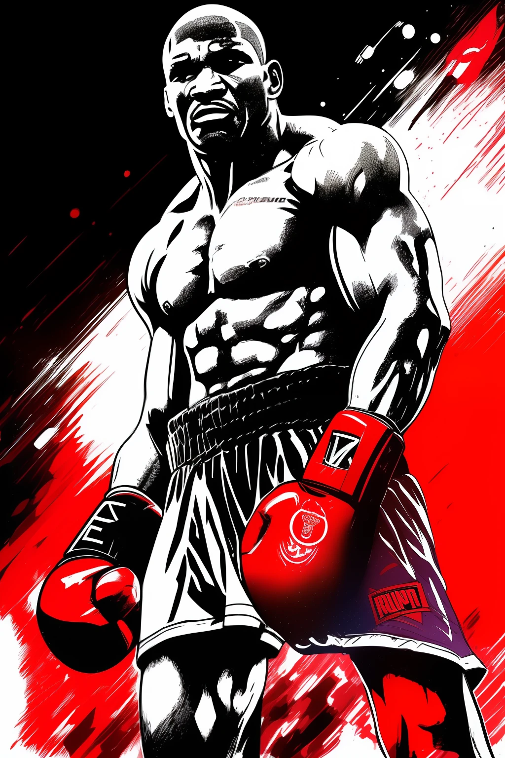 Cru, Logotipo de camiseta, illustration by Evander Holyfield, boxeador de bermuda vermelha e luvas de boxe vermelha em ringue de boxe, em postura de luta, com pinceladas, arte oficial, (hatching \(textura\)), (cor silenciada, parcialmente colorido: 0.8), detailed hatching, (drawing_trace), cor plana, 1990s \(estilo\), recolorido, foto vintage, professional boxer, close off, fundo transparente, arte por Yoji Shinkawa