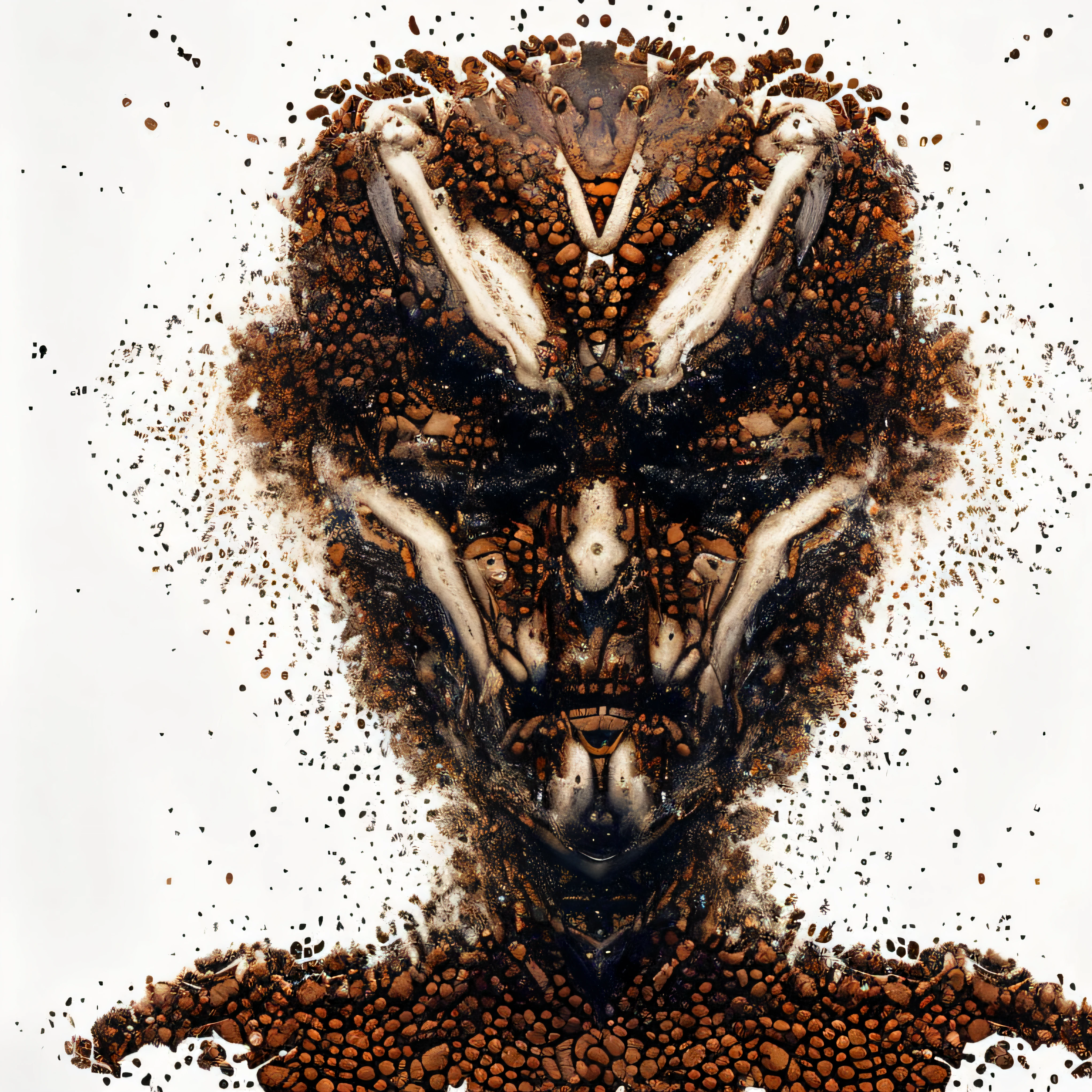 A closeup of an android robot made of coffee beans and a skull, dark angel of coffee, rosto feito fora do planeta, perfectly symmetrical alien face, Face of an alien deity, portrait of an insectoid, Portrait of a humanoid alien, horror symmetrical face, inspirado em Igor Morski, feito de insetos, Portrait of an alien insect, alien portrait