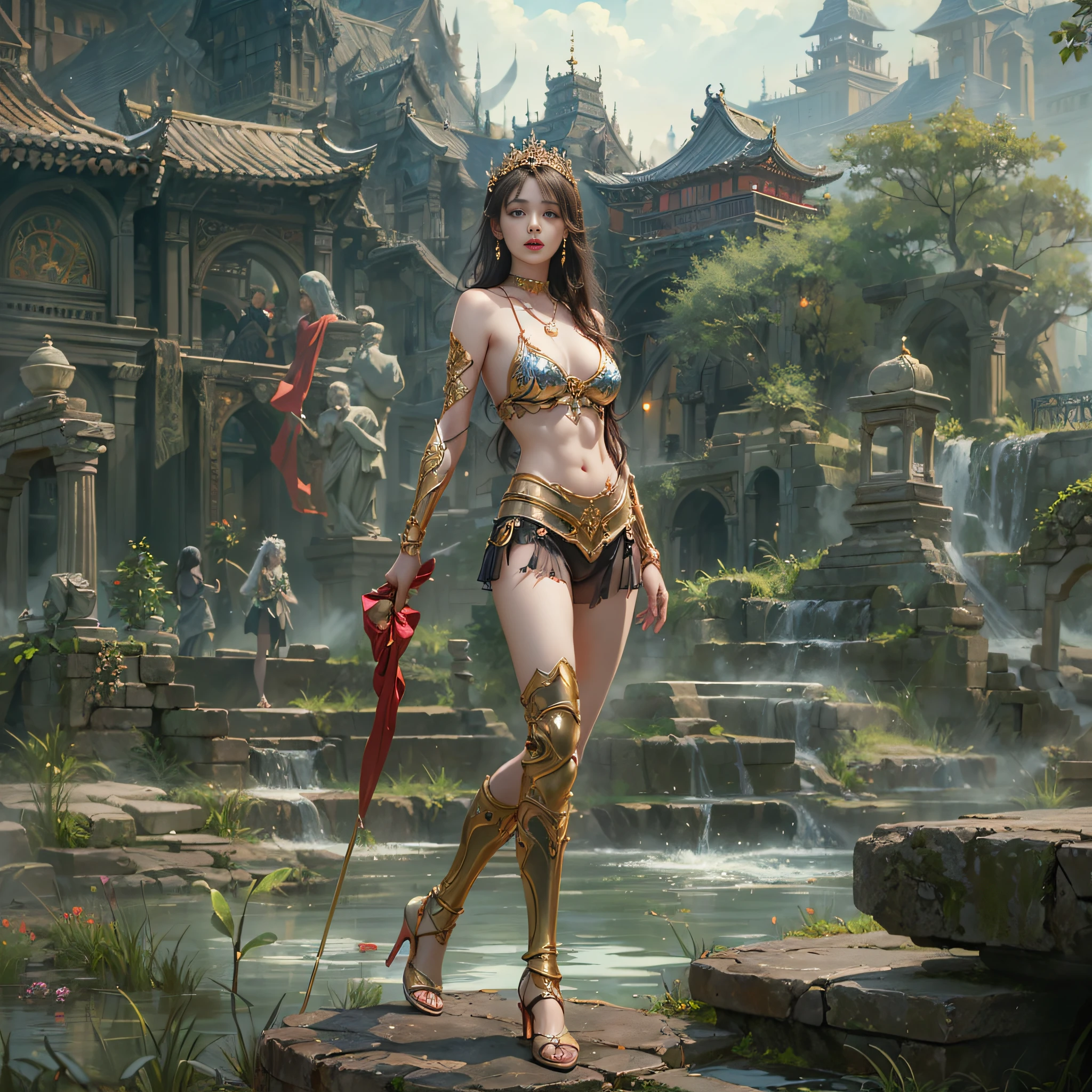 ((masterpiece:1.4)、(top-quality:1.4)、(reallistic:1.7))、Beautiful girl strolling in the garden of fantastic ancient city、Sexy Daughter、Super beautiful girl、1girl in:1.4、Dress like a queen、Glossy luxury latex、Luxury Latex Bodysuit、By Luis Royo、age19、Super Ultra Ultra Bikini、Outstanding style、(Two legs are drawn correctly:1.7)、(Two arms:1.4)、anatomical correct、Slender Abs、(beauty legs:1.4)、beautiful countenance、kawaii faces、Beautiful ass、A detailed eye、beautidful eyes、Raw photo、red-lips、Red high heels、a choker、a necklace、耳Nipple Ring、Fantasy of an ancient city、Fantasy worldview