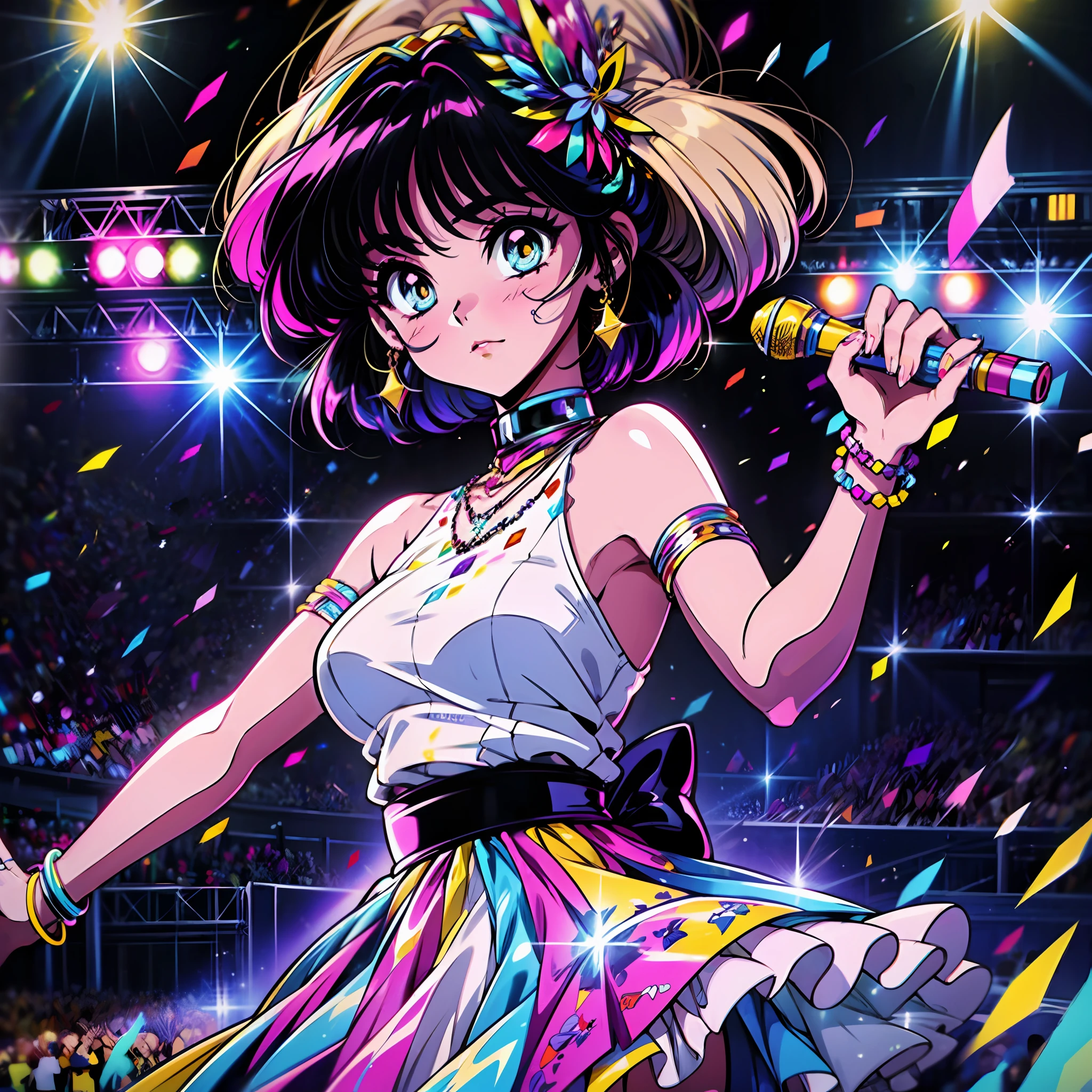the most popular idol from the 90s, 1girl, she is a popstar idol giving a concert on a big stadium full of spectators and fans, lights glimmer all over her, people hold light sticks and dance to the music of their favorite singer, there are laser lights strobbing, you can see glitter and confetti flying on-stage, the ambient is vivid and full of colorful life, she holds a microphone while giving her best efforts to please everyone, she is dressed in a beautiful fashion stage outfit with a lot of details and beads, she shines through, livestage ligthing, dramatic, cinematic, beautiful, breath-taking, trending, professional art, ultra detailed masterpiece, 8k, grain effect, vintage film, anime screencap