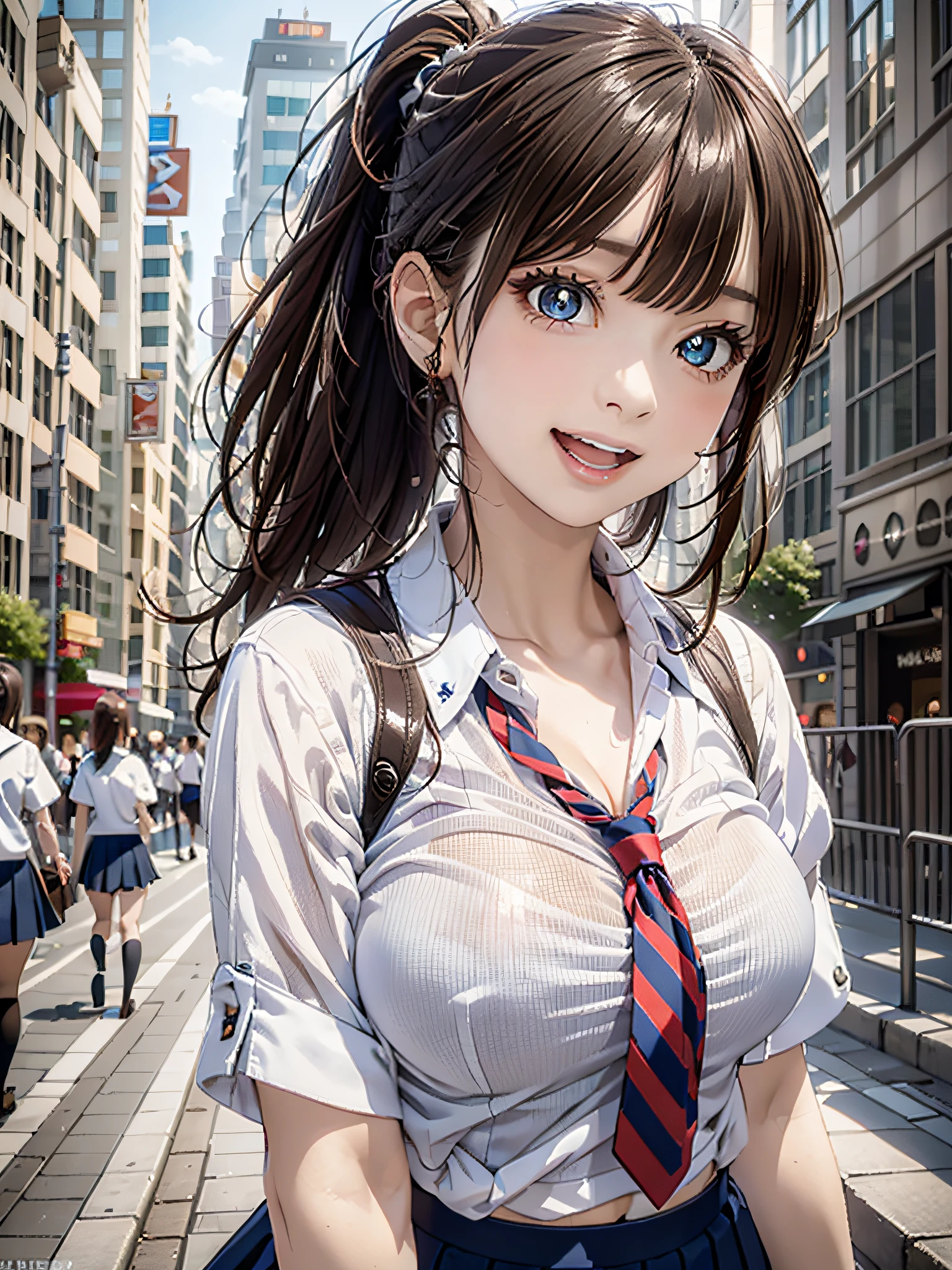 ((Modern style:1.4)), Anime style, (top-quality:1.32), (The ultra -The high-definition:1.4), (hight resolution: 1.3), (CG Unity 8k wallpapers:1.2), (Detailed eyes and skin:1.35), (detailed facial features:1.25), (Detailed pupils:1.36), precise and perfect human body structure, (Textured skin: 1.26), high-level image quality, Large file size, fulcolor,
(Photorealistic, Many award-winning photos: 1.27), depth of fields, Shading by sunlight、
((Ponytail: 1.47)), Brown hair, thick bangs, Large blue ribbon, brown-eyed, Opens mouth and laughs, cleavage, large full breasts, Attractive thighs, abdominals, Glowing skin,
((high-school uniform: 1.4)), blazers、Shirt、red necktie、pleatedskirt、high socks、tokyo prefecture、Scramble crossing、A city scape、