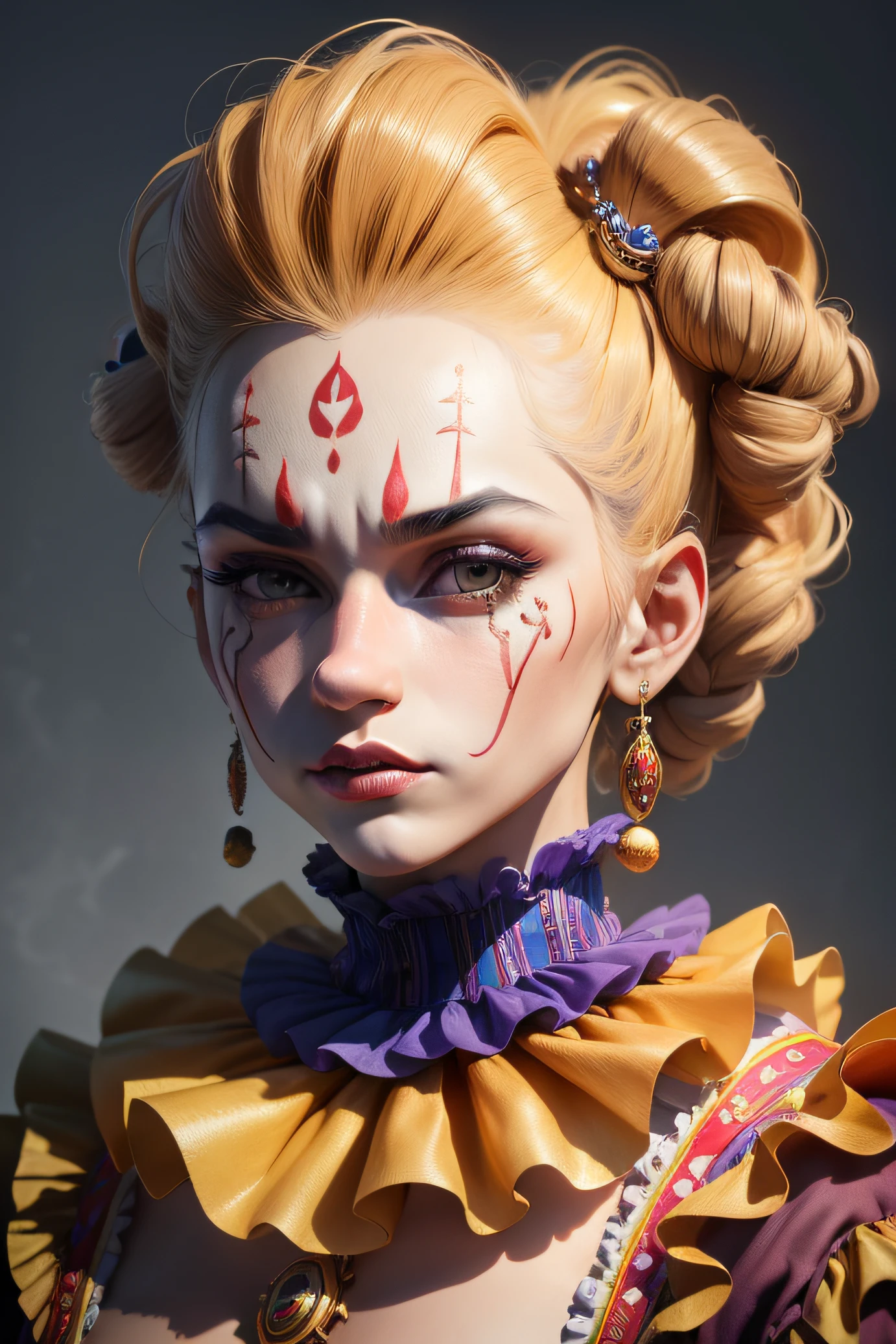 (master part, Qualidade Superior, Qualidade Superior, Arte Oficial, Beautiful and Aesthetic: 1.2), Ultra-detailed complex 3D rendering of face, (seios grandes: 6.8), (1 bobo da corte), clown outfit: 1.2), Serious, clivagem, louro