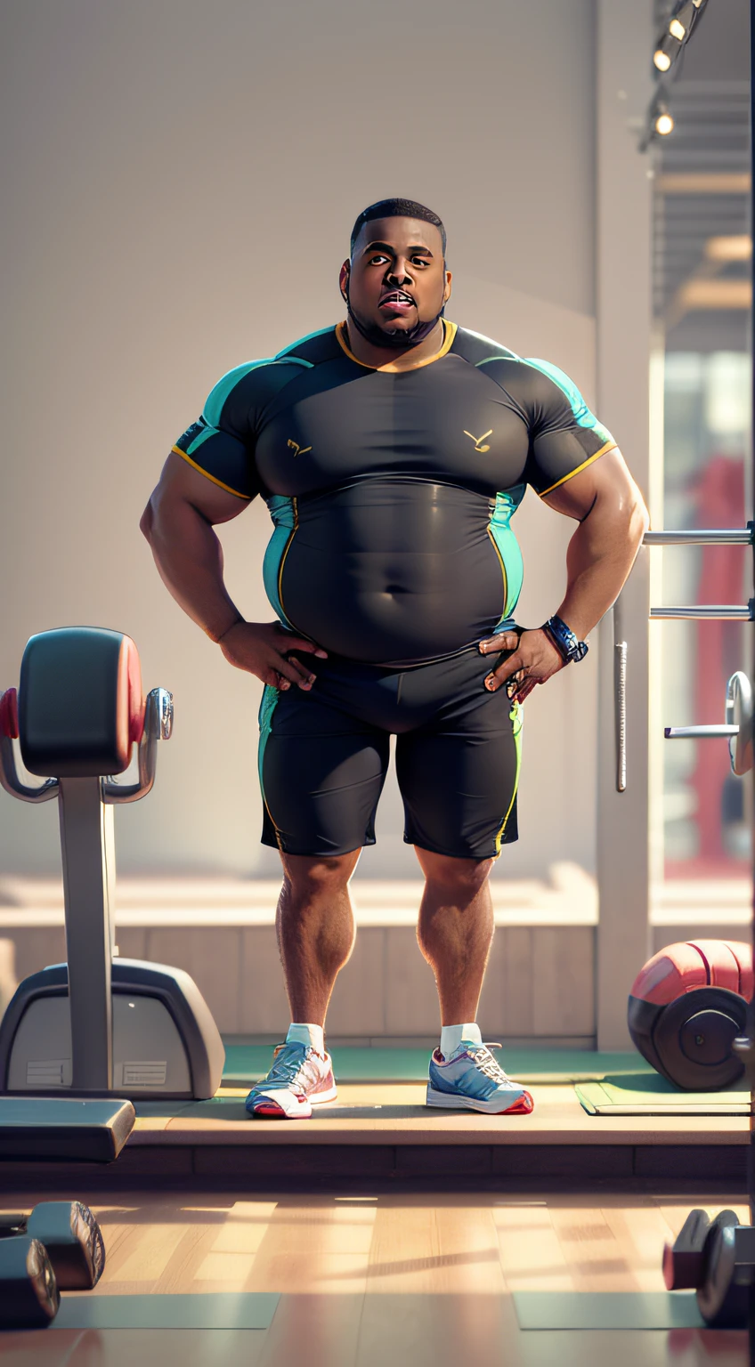 Create the image of a slightly chubby black man in the gym full body with a glass in his hand, estilo caricatura, 4k