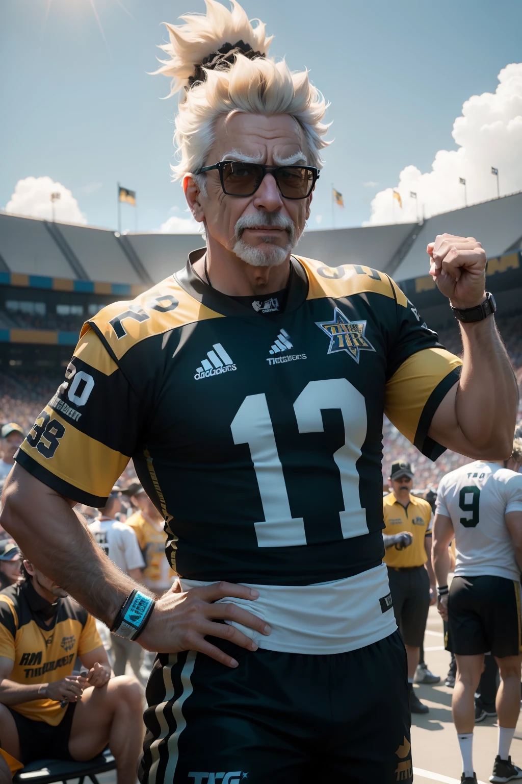 Rick Sanchez Cheering On the Hamilton Tiger Cats wearing a Hamilton tiger cats jersey in the twisted tea fan zone at Tim Hortons field in downtown Hamilton Ontario High Quality, high-detail, 8k