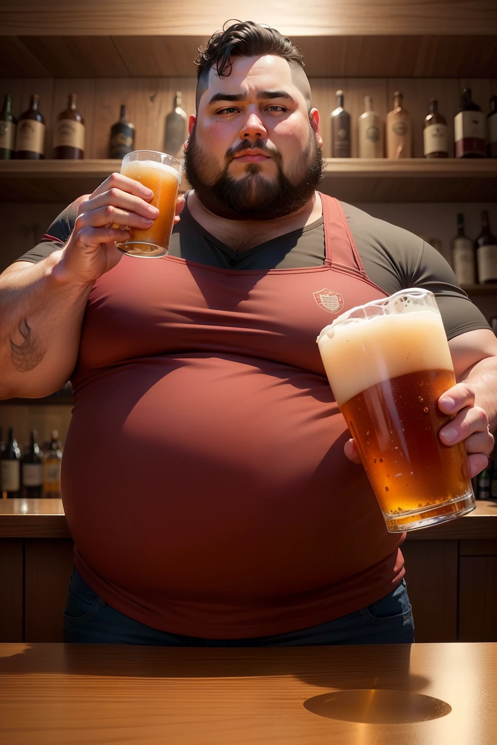 Make a man with obesity, esse homem deve estar usando roupa vermelha, ele deve estar dentro de um bar, he's drinking beer., foto ultra realista, qualidade 8k, full hd