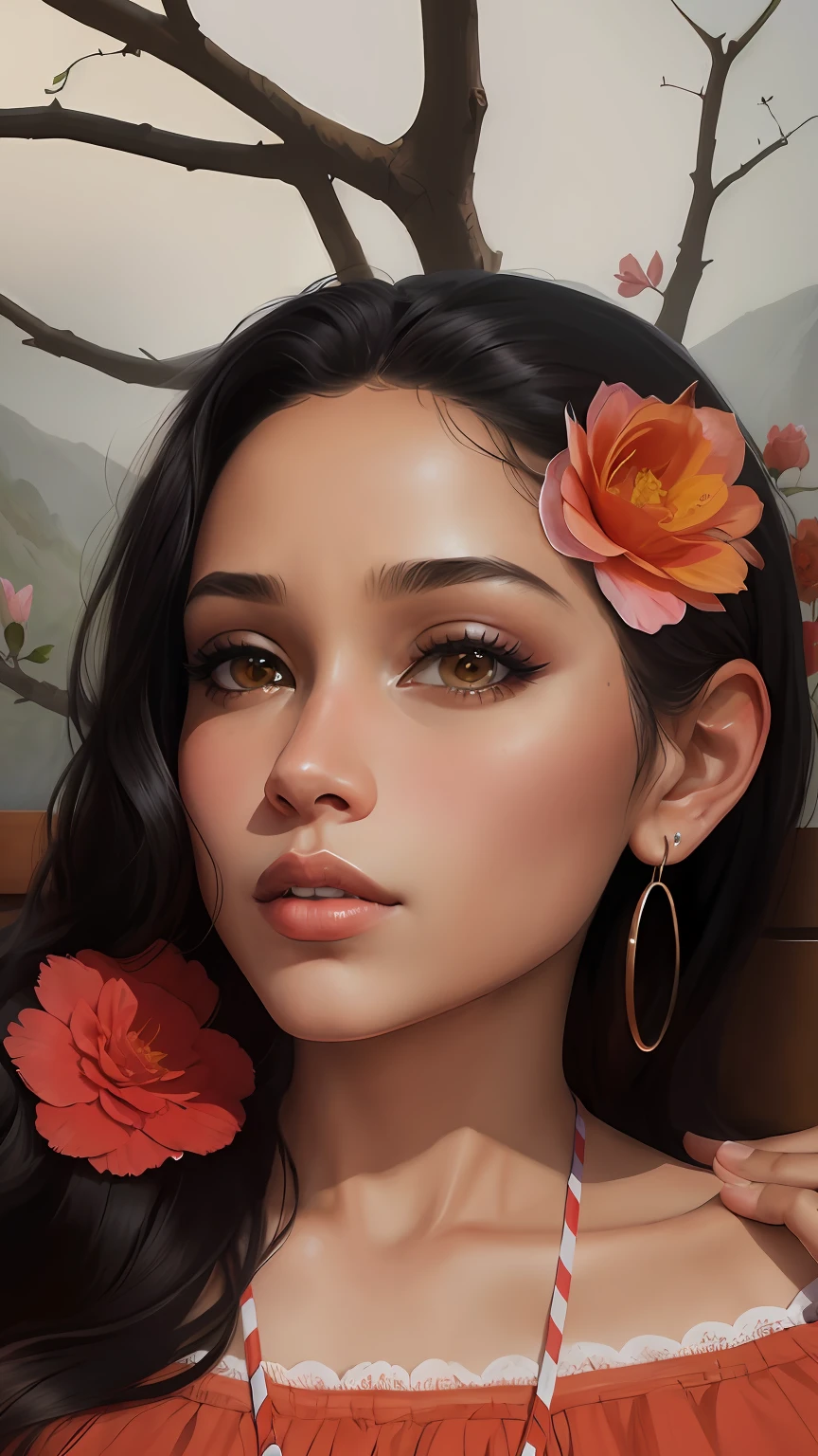 There's a black woman with a flower in her hair posing for a photo, pintura digital detalhada, retrato de beleza detalhado, pintura detalhada 4K, Arte no estilo de Guweiz, pintura digital realista, RossDraw Retrato, Arte digital realista 4K, Arte digital realista 4K, retrato bonito detalhado, baixo detalhamento. pintura digital, realismo artstyle, pintura digital bonita