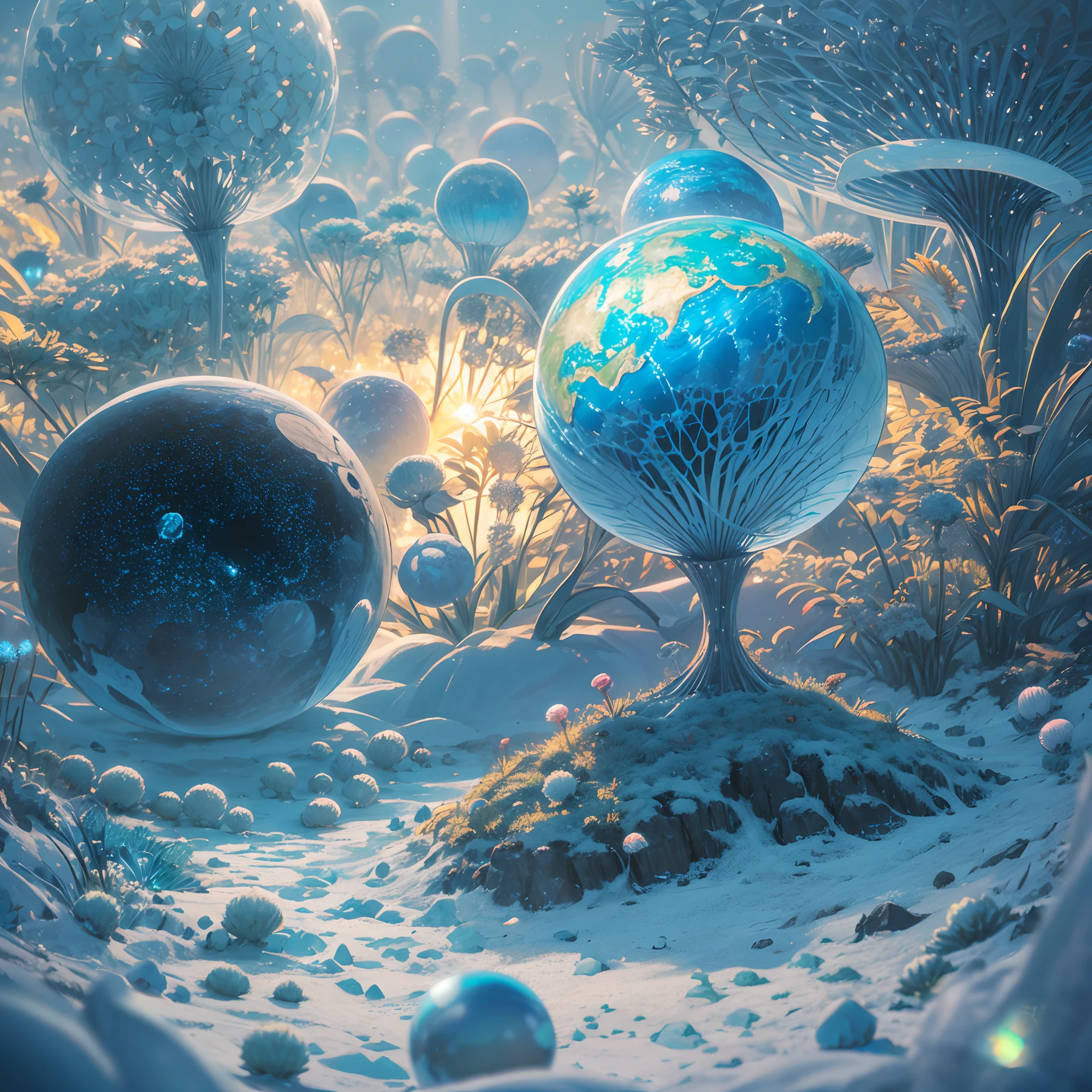 depth of field, human colony on unknown planet, clean white structures, bright vibrant colored vegetation, bioluminescent plants, hyperrealism, highly detailed, insanely detailed, lush detail, filigree, intricate, crystalline, global illumination, cosmonaut, ???, lens flare, (tiny planets on the ground:1.4), reality marble