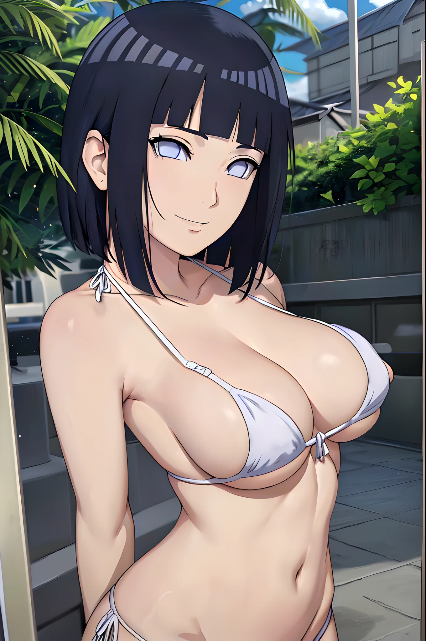 (WALLPAPER, masterpiece, 1k, anime style:1.9, ((inside photo frame), photo, detailed beach background, looking at viewer, big breasts, big boobs, open mouth, high color saturation, bold lines, bold drawing lines, (strong arms, armband, flat belly, groin, hands behind back), detailed bold arm lines), (strong arms, armband), strong light on body, plain, bare body, (large breasts, perky boobs), minimum clothing, taking off shirt, bare shoulders, bare chest, polished nails, seductive, (very tight plain white micro bikini), no shirt, showing off), hinata\(boruto\), mature female, sunbathing, milf, (curvy:0.8), solo, (medium hair, hime cut), (dark blue hair color:1.1), white, flat belly, perfect eyes, white sciera, white eyes, anime eyes, smoky eyeliner, eyeshadow, perfect face, shy, sharp focus, professional artwork, intricate details, colorful, vibrant colors, vivid colors, digital blending, ultra detailed body, ultra detail hair, ultra detail face, trending on pixiv, smile, happy, very hot colors, sunny day, outdoor,