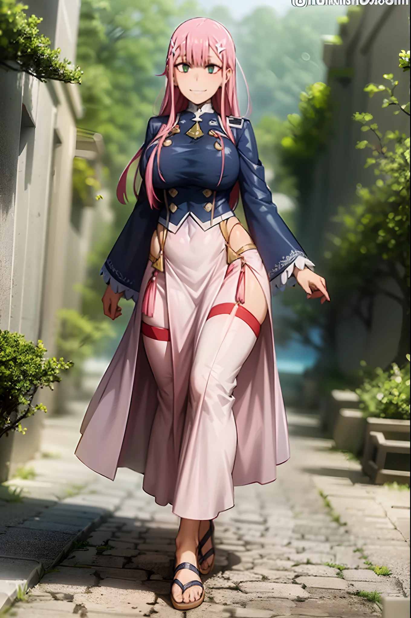 masterpiece, best quality, 1girl, looking at viewer, cute, beach, sunlight, ocean, medium breasts, thighhighs, black thighhighs, green eyes, zero two \(darling in the franxx\), pink hair, beautiful detailed eyes, beautiful detailed glow, lots of glow, arms behind head, embarrassed,, long dress, walking, long skirt, modest, victorian clothing, lodress, pants, smile, big breast, long skirt, skirt, pants, flipflops