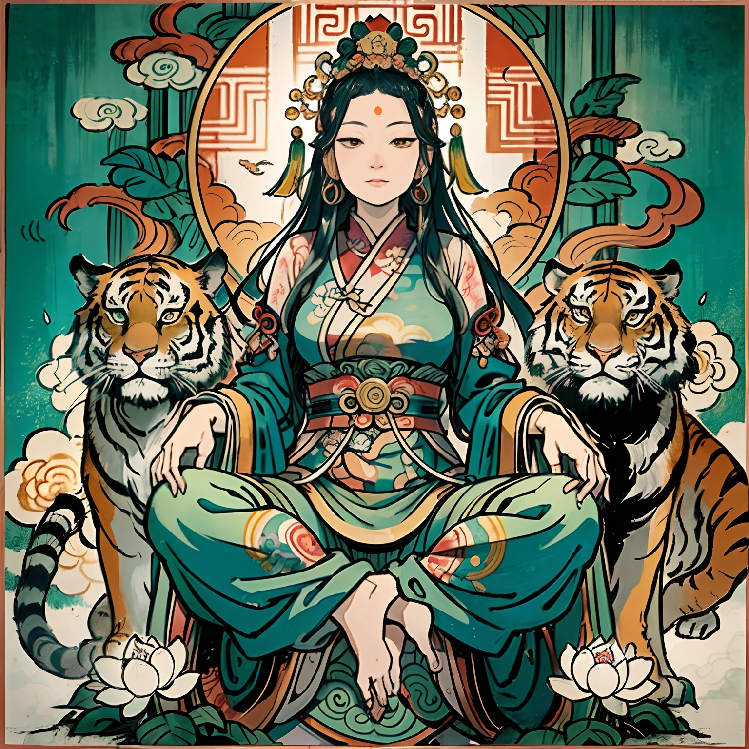 an ancient Chinese goddess, guanyin of the southern seas, Guanyin, Inspired by India, Avalokiteshvara rides a lion,,Serene expression,shui mo hua,Buddha,Buddhist,Lotus,Chinese painting style,Thangka style