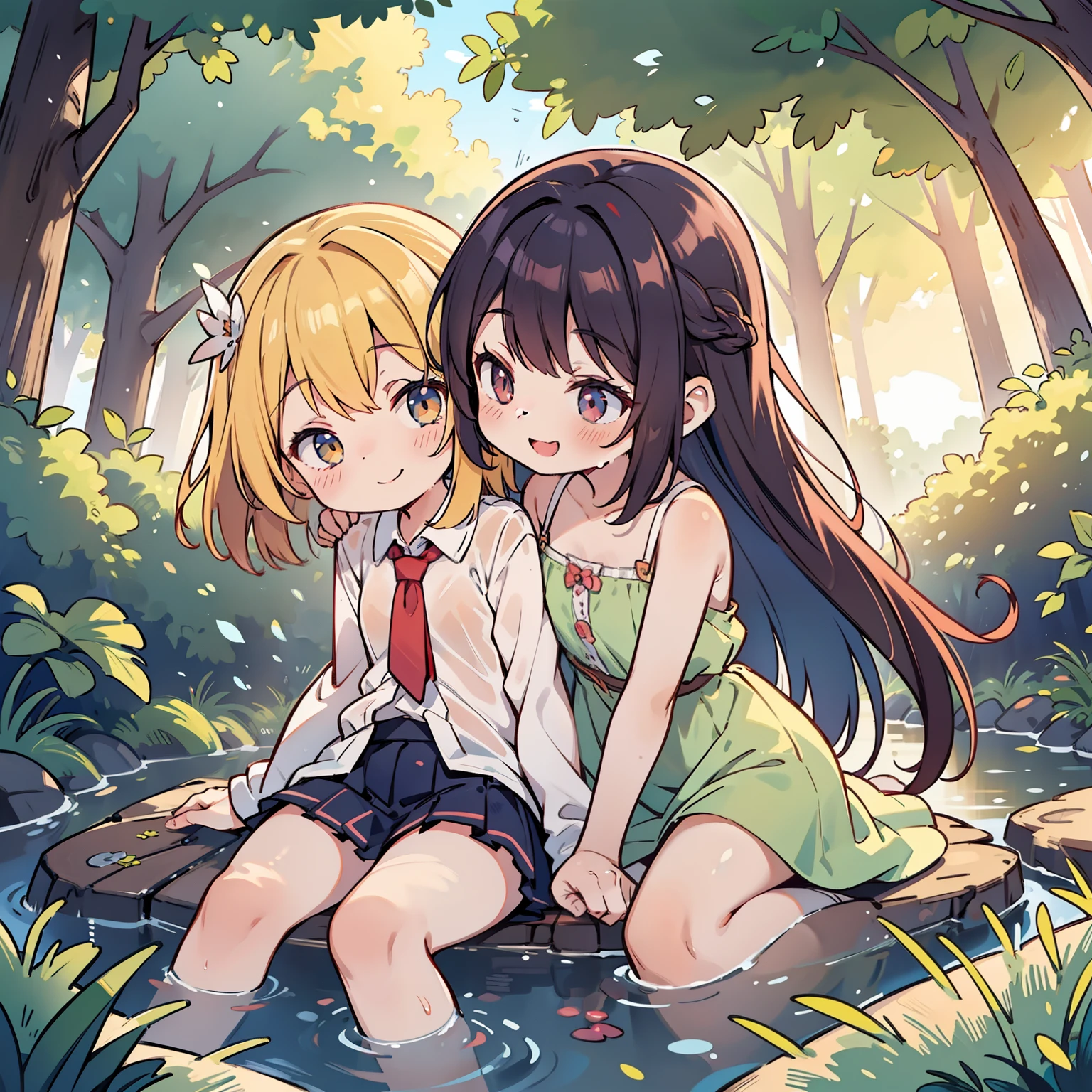 Lewd lolis touching each other lewdly, wooded environment, Small Creek, smile, Different hair colors, Tan Lines, Romantic atmosphere, sunset, Wet crotch