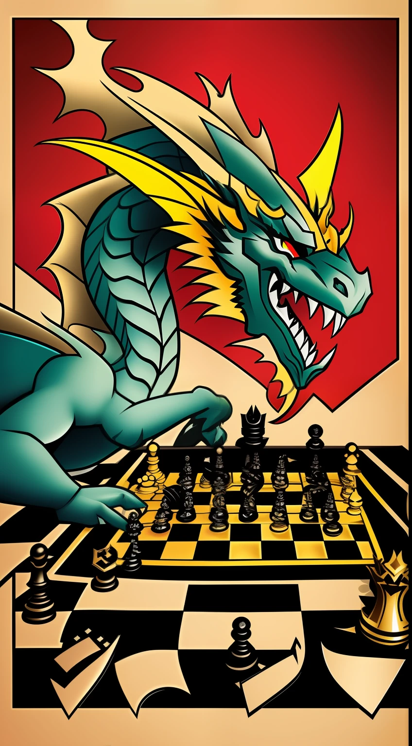dragon playing chess, dragon nerd, estilo desenho.