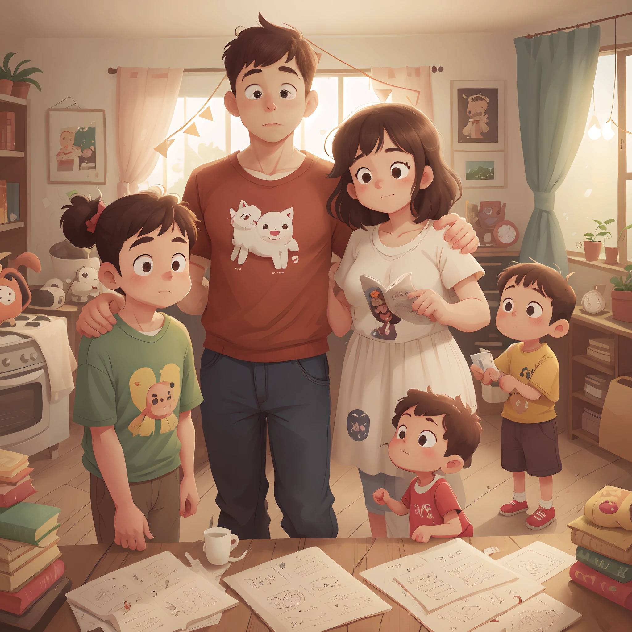 "Cartoon members posing for a photo in a living room as a family with a man in the middle of them, papel de parede em HD, high resolution and high detail."