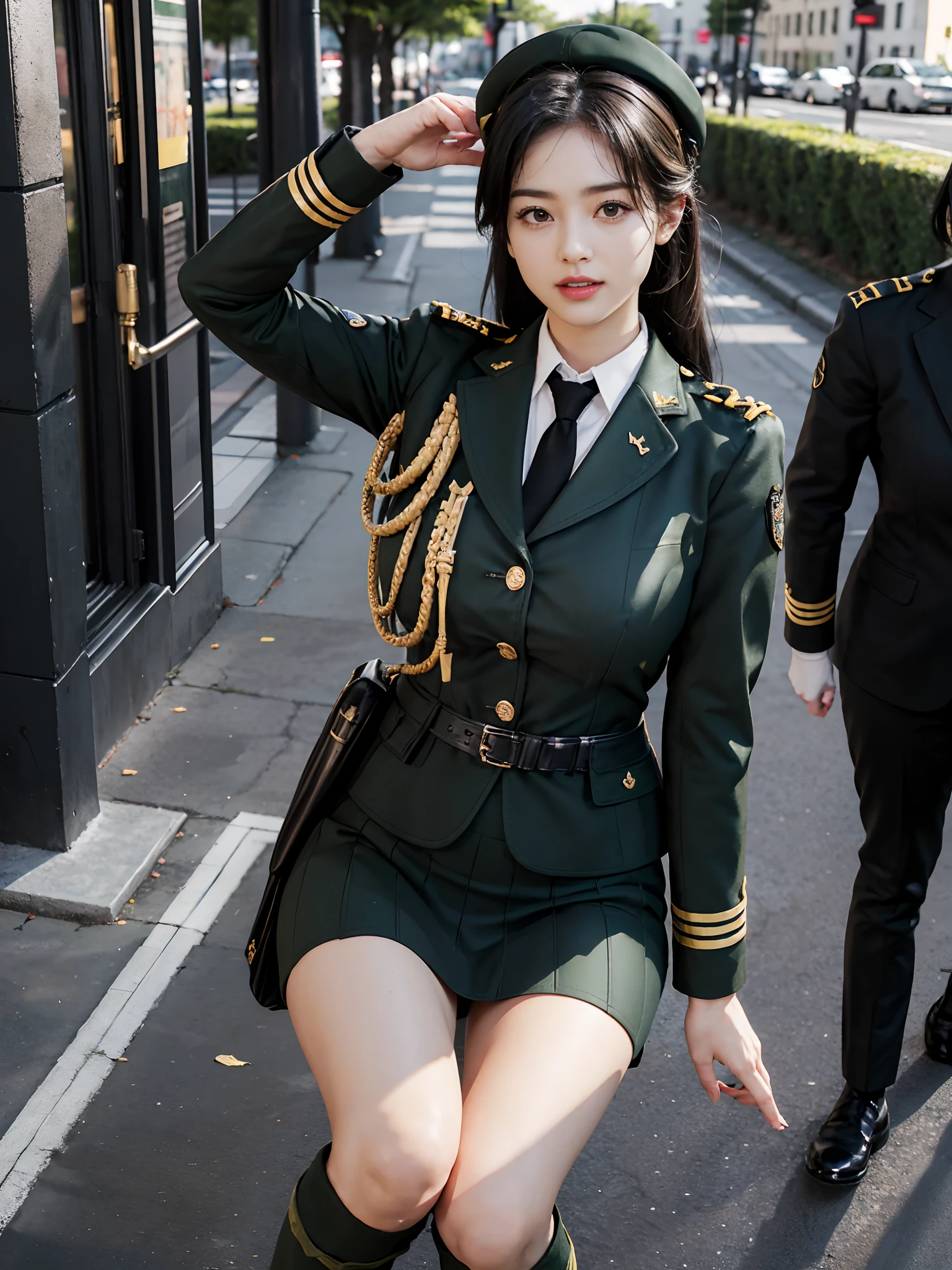 Usually detailed CG Unity 8K wallpaper，（tmasterpiece），（best qualtiy），（ultra - detailed），（Ultra photo realsisim），（best character detail：1.36），Nikon D750 f / 1.4 55mm，profesional lighting， physically-based renderingt, 1girll, Female soldier，army suit，Dark green military uniform，Fabric texture military uniform，Pure white lining，Dark green tie，Army green skirt，military hat，Bare legged，Plump legs，whitestocking，Black hair，the golden ratio,[:(com rosto detalhado:1.2):0.2]:，PureErosFace_V1, broad shoulder,(Bigchest:1.5),(big assa:1.5),Squat on the grass，Thighs apart，In the square，Splendid scenery，bright sun，RAW photogr，frontal photos， Look at the audience head-on，Night Street，lighting，Contre-Jour，Bright smile，White teeth，