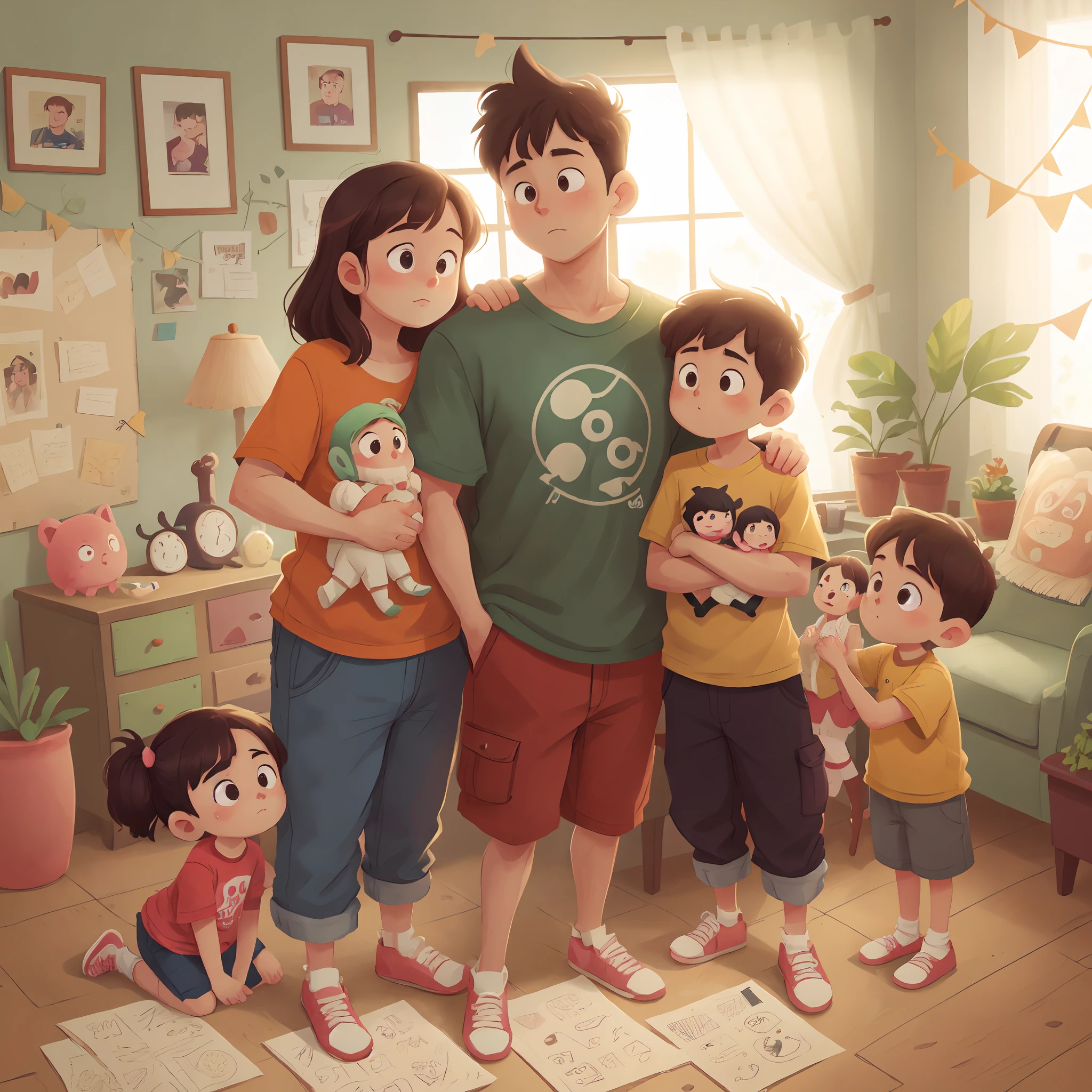 "Cartoon members posing for a photo in a living room as a family with a man in the middle of them, papel de parede em HD, high resolution and high detail."