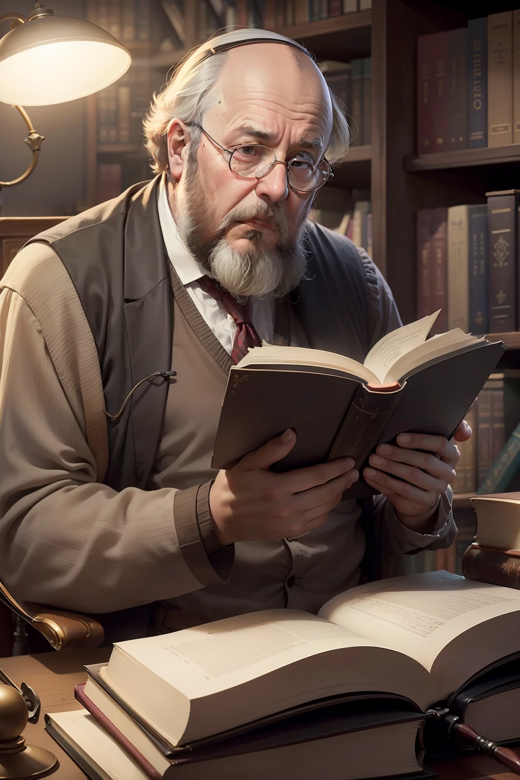 n.t. Wright realista, known for his vast theological knowledge and his scholarly contribution, senta-se em sua biblioteca, rodeado por estantes repletas de livros antigos e modernos. The soft light of the desk lamp illuminates his concentrated expression as he reads a book with enthusiasm. nas prateleiras, It is possible to see a variety of theological books, Classical works and ancient manuscripts, criando um ambiente rico em conhecimento e sabedoria. The image captures the passion and dedication of n.t. Wright para ler e estudar, conveying his commitment to unraveling the most complex theological issues.